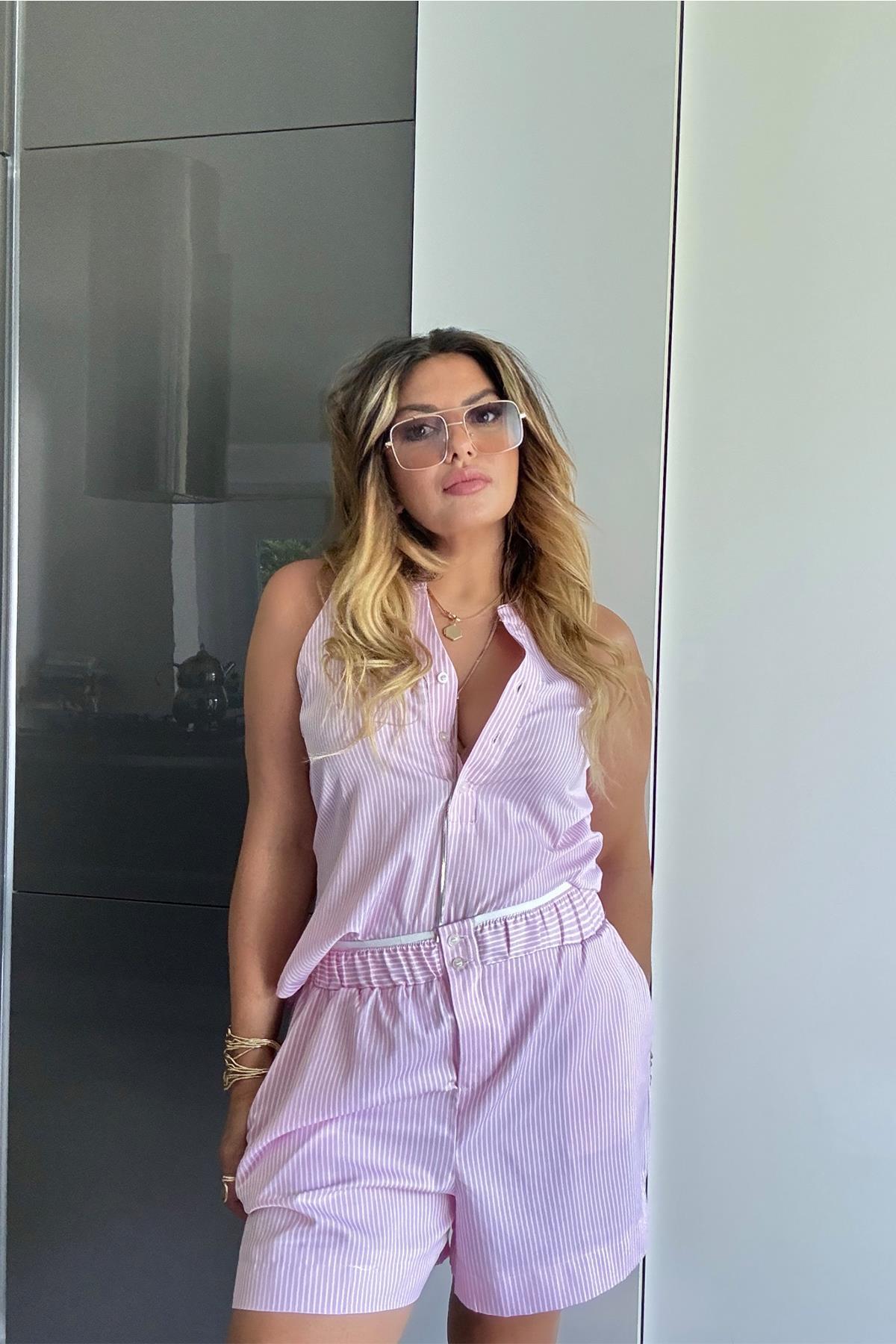 Çizgili Reglan Yaka Boxer Model Şortlu Takım Pembe-Beyaz