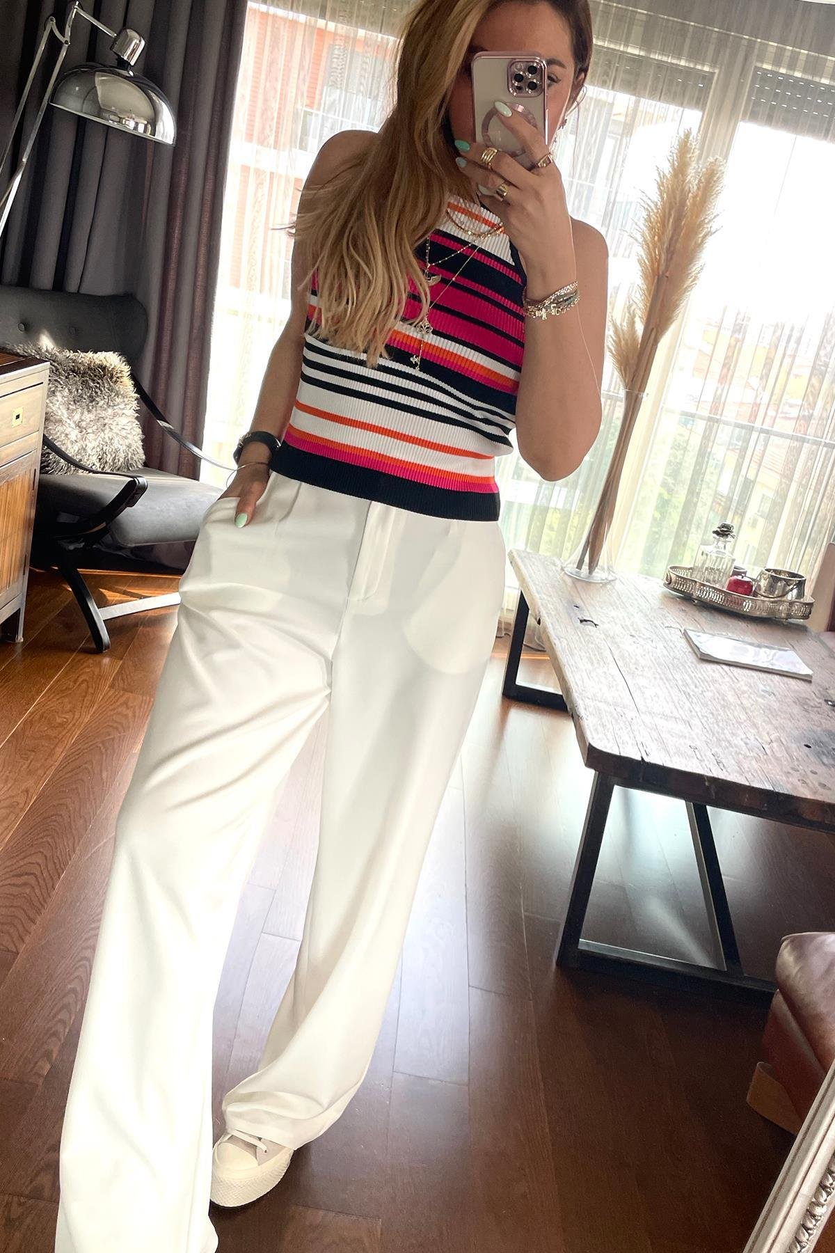Çizgili Triko Halter Atlet Siyah