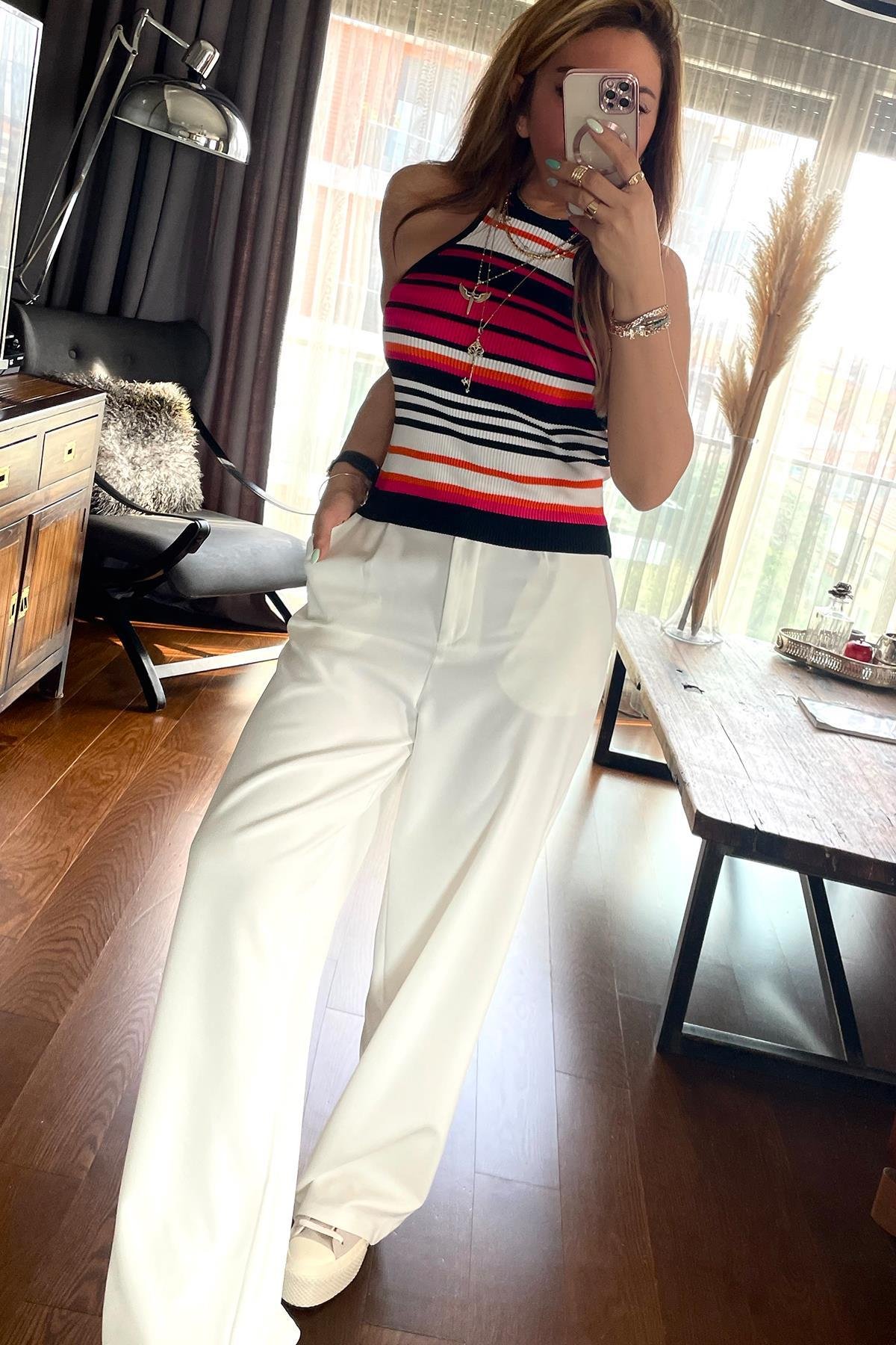 Çizgili Triko Halter Atlet Siyah