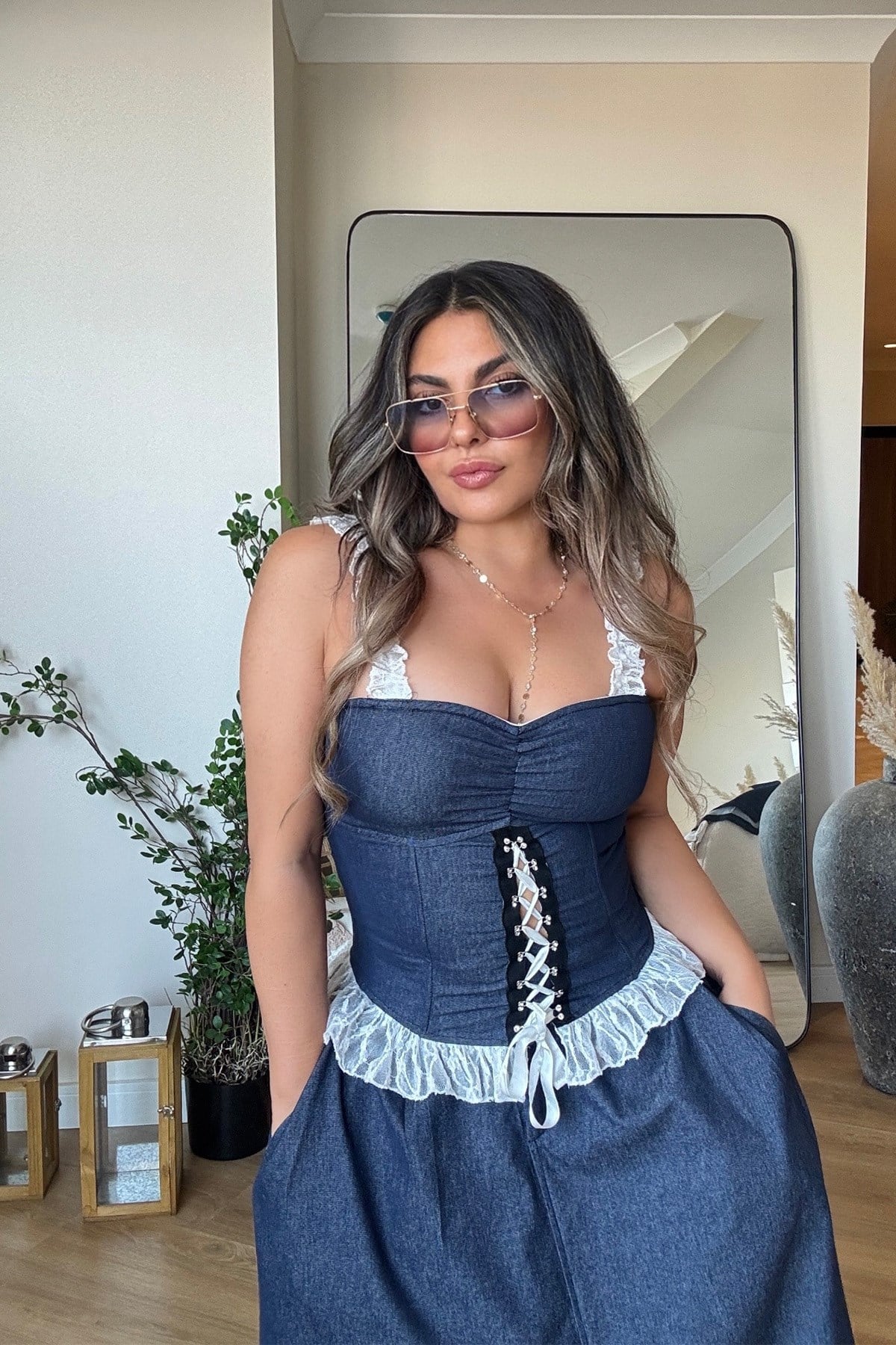 Dantel Detaylı Likralı Jean Bustiyer Lacivert