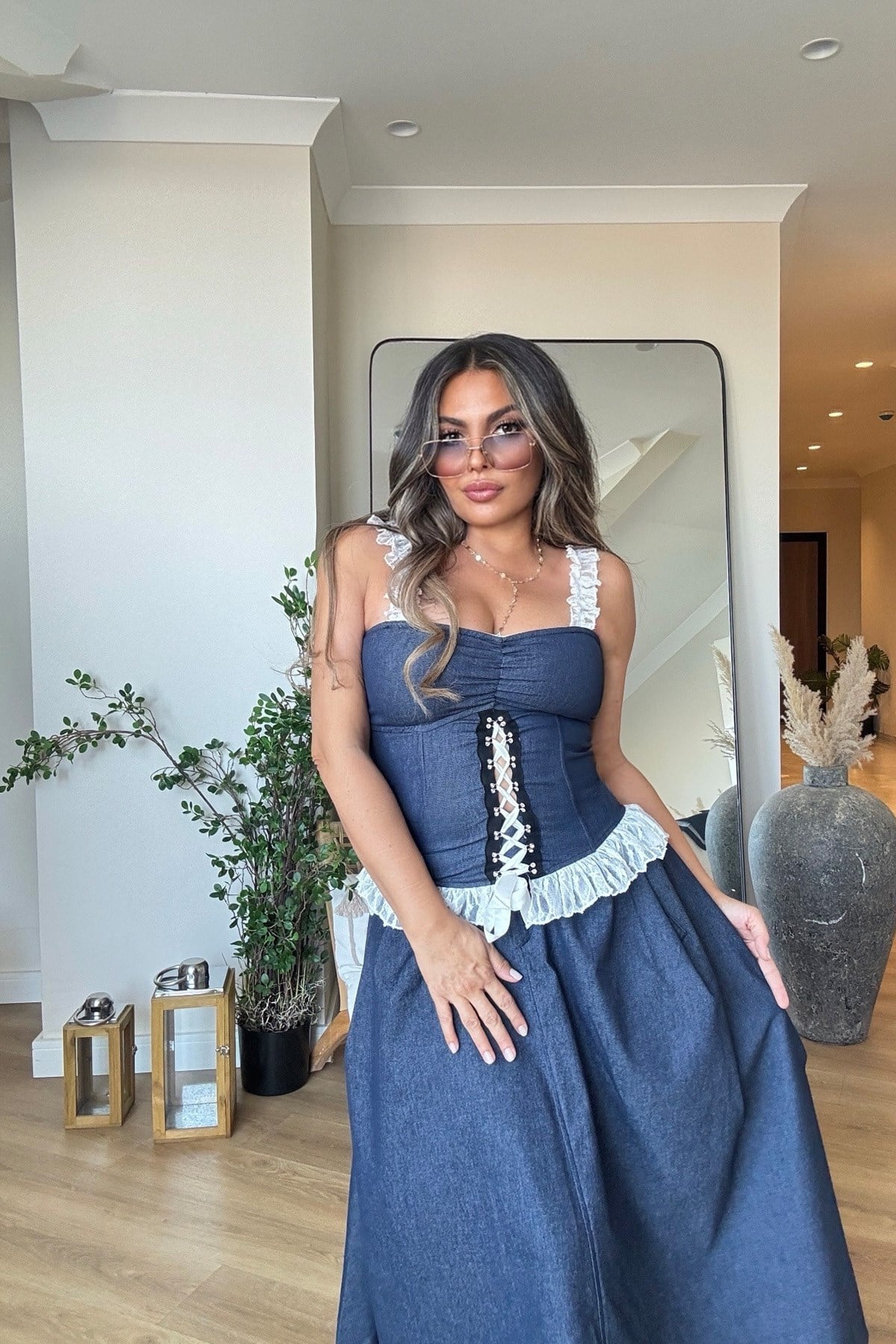 Dantel Detaylı Likralı Jean Bustiyer Lacivert