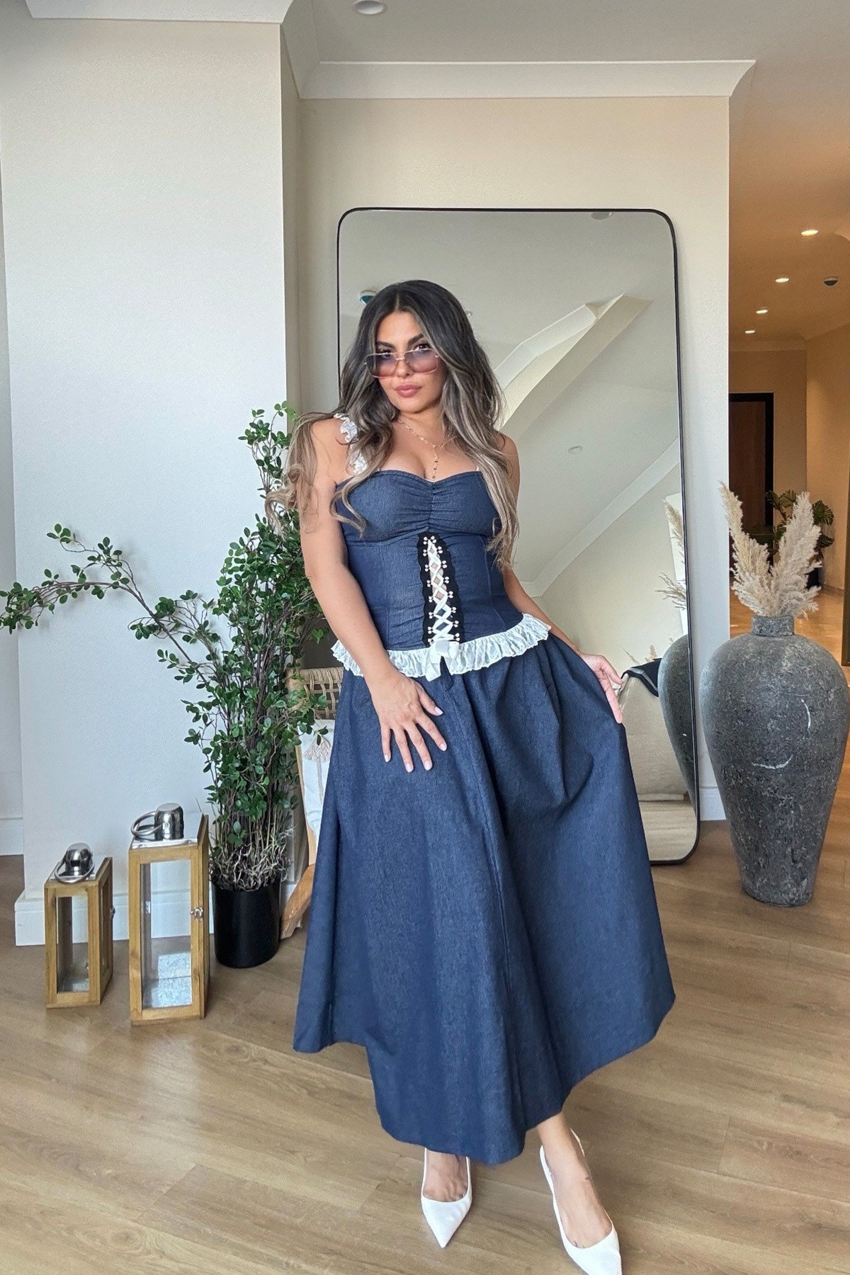 Dantel Detaylı Likralı Jean Bustiyer Lacivert