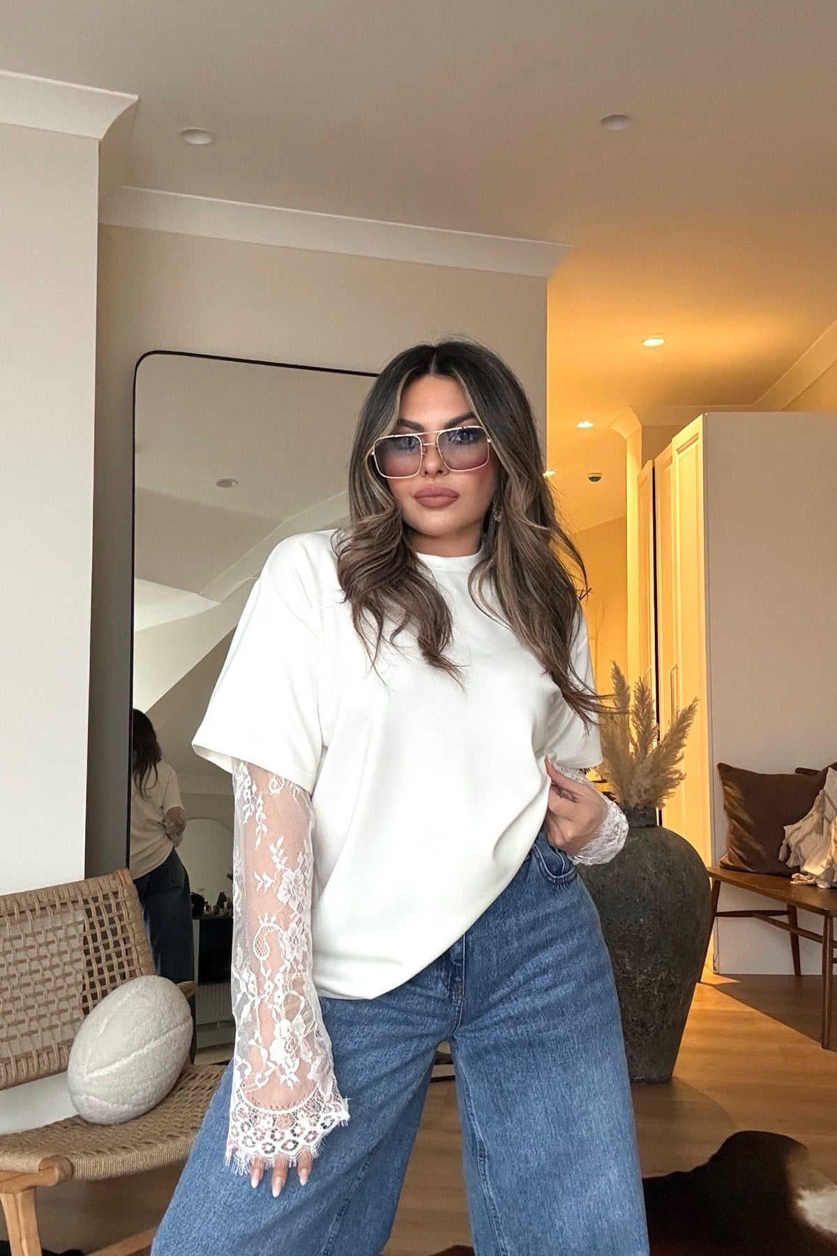 Dantel Kol Detaylı Tshirt Ekru