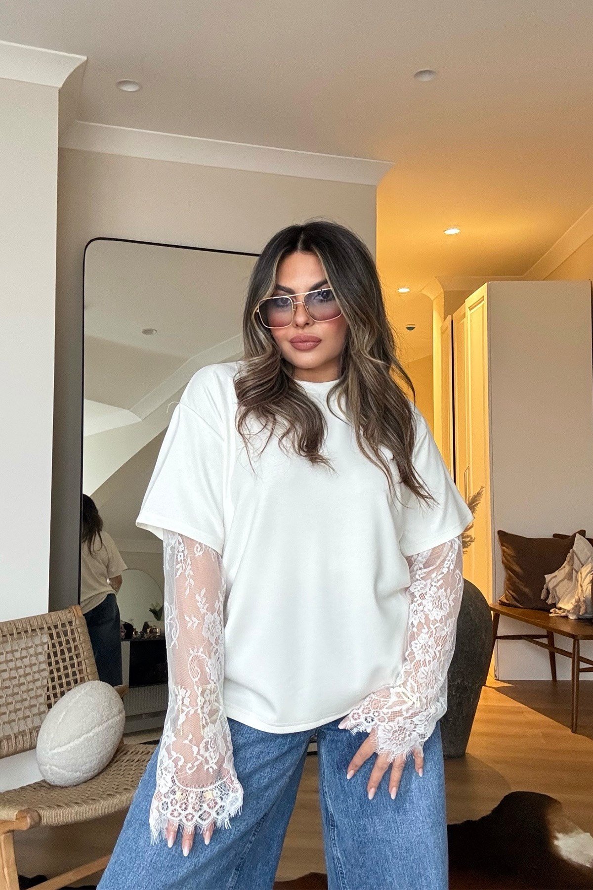 Dantel Kol Detaylı Tshirt Ekru