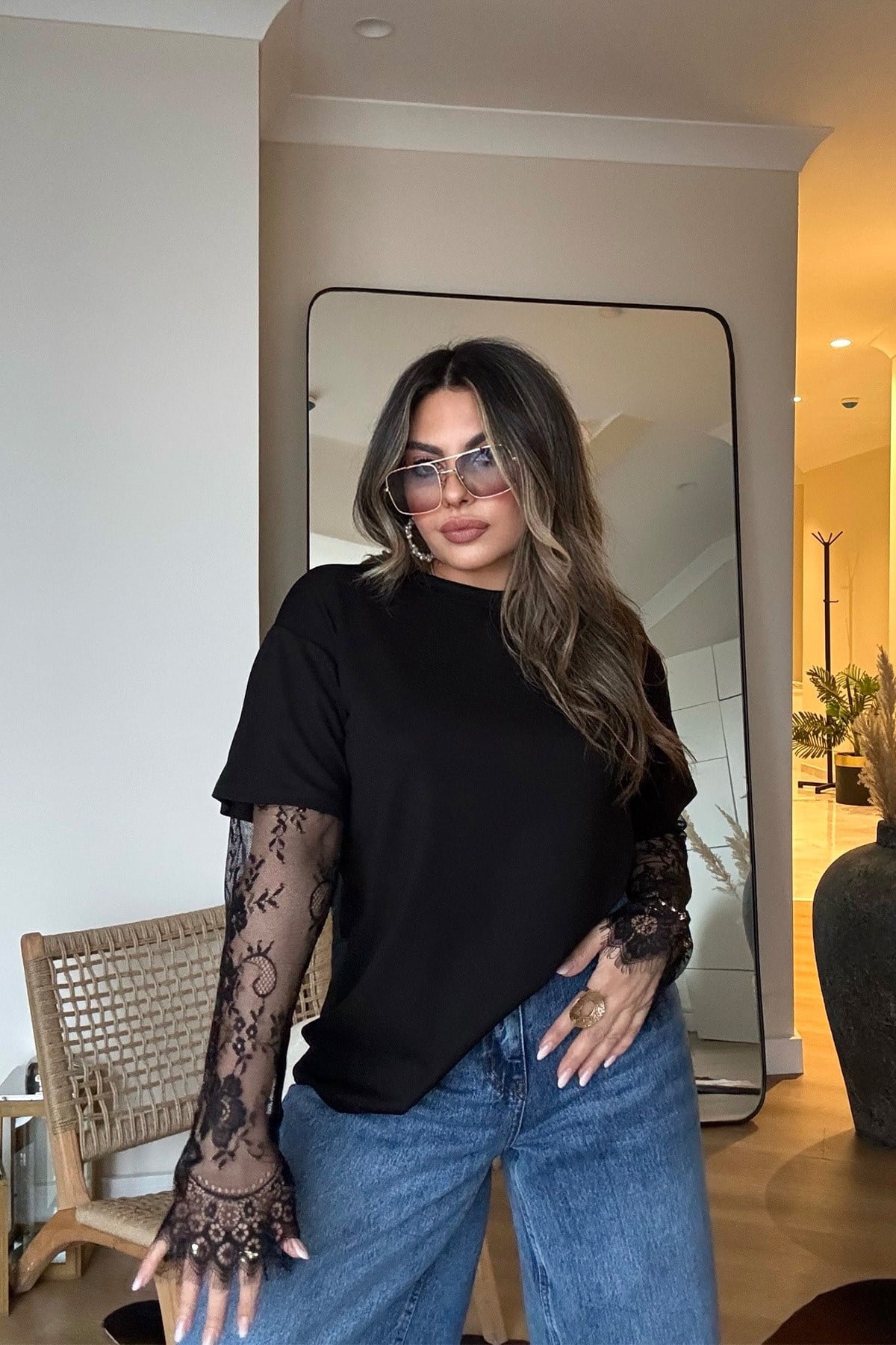 Dantel Kol Detaylı Tshirt Siyah