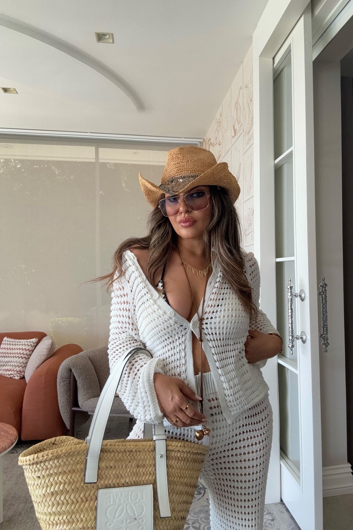 Delikli Örme Hırkalı Triko Takım Ekru