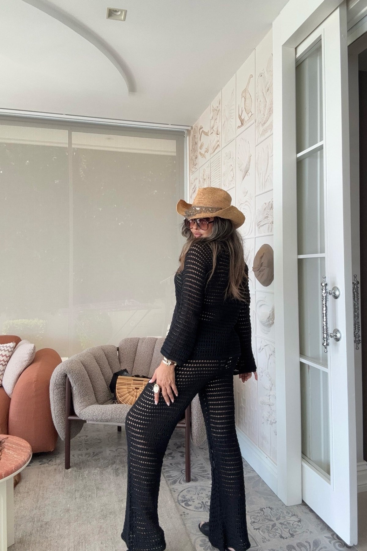 Delikli Örme Hırkalı Triko Takım Siyah