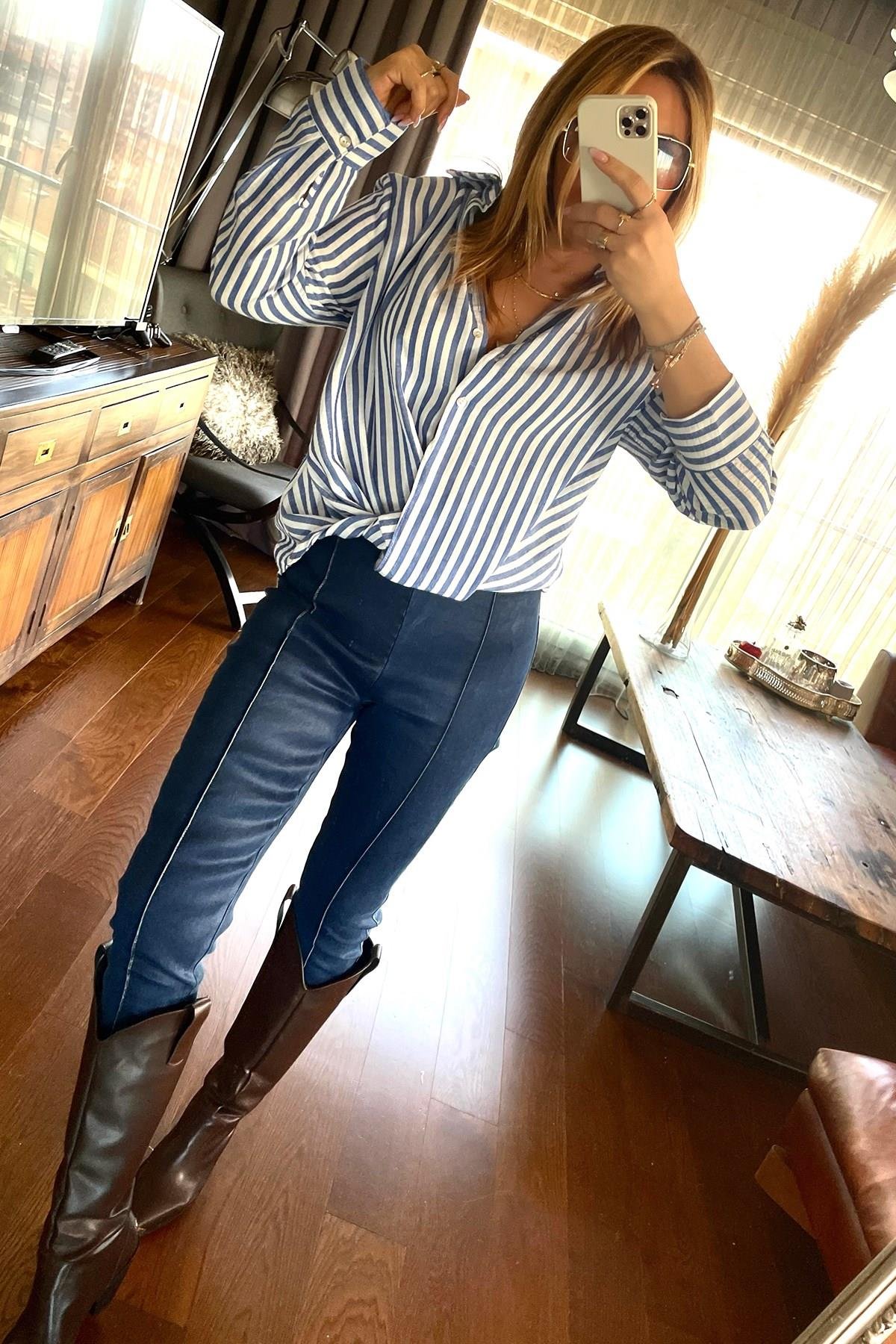 Denim Çımalı Tayt Mavi