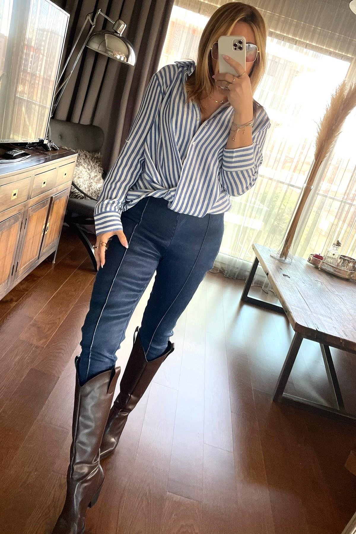 Denim Çımalı Tayt Mavi