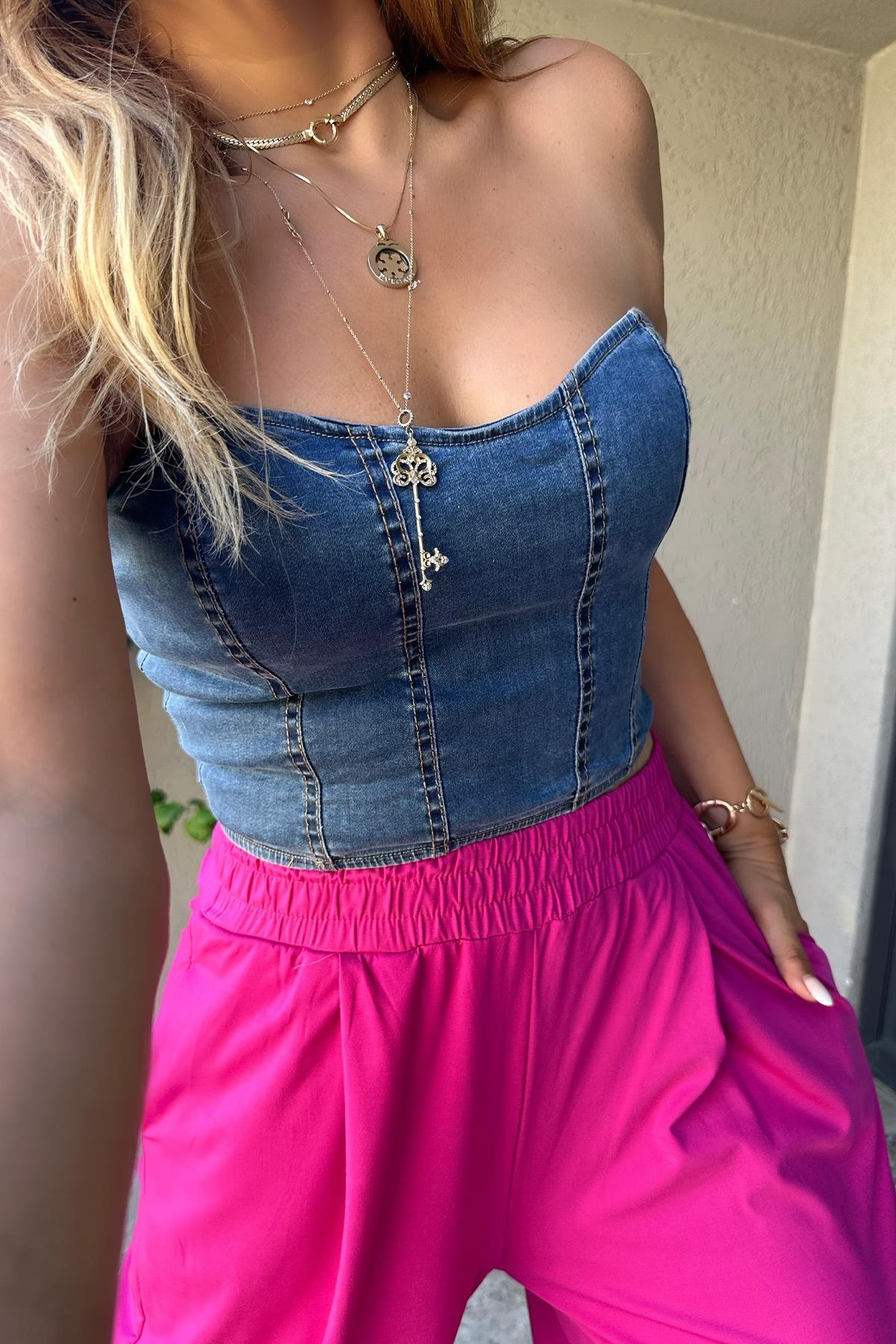 Denim Kalp Yaka Büstiyer Mavi