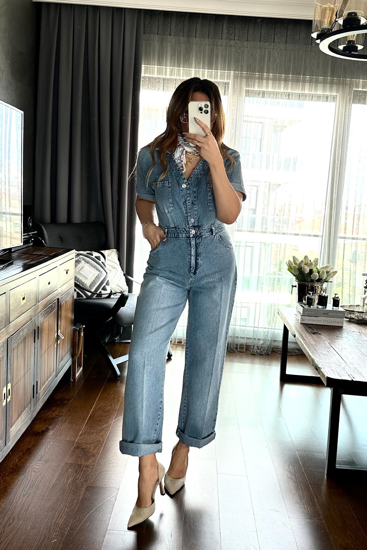 Denim Kısa Kol Tulum Mavi