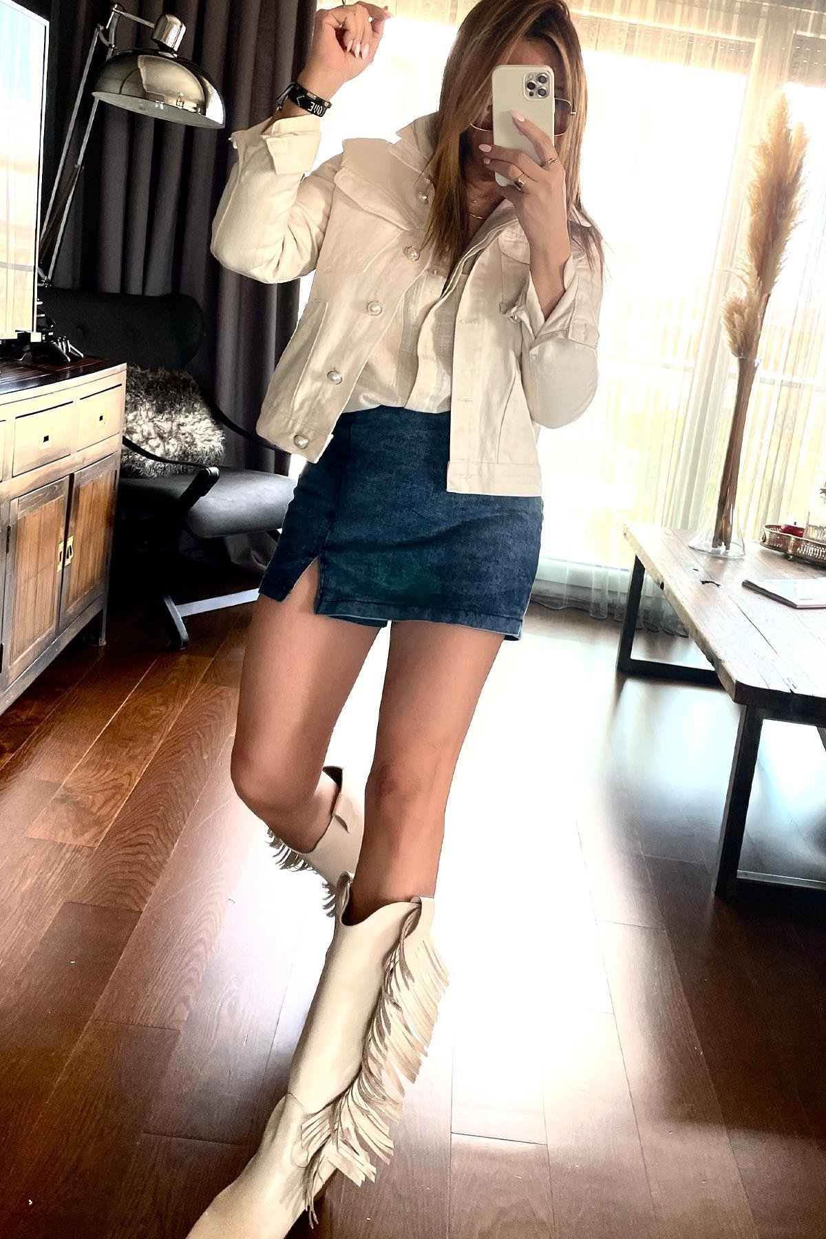 Denim Şort Etek Mavi