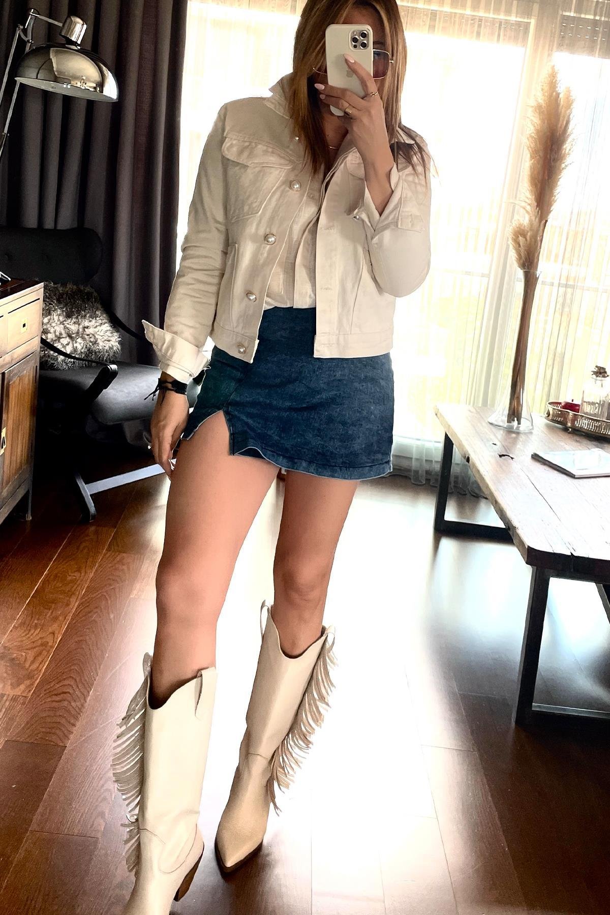 Denim Şort Etek Mavi