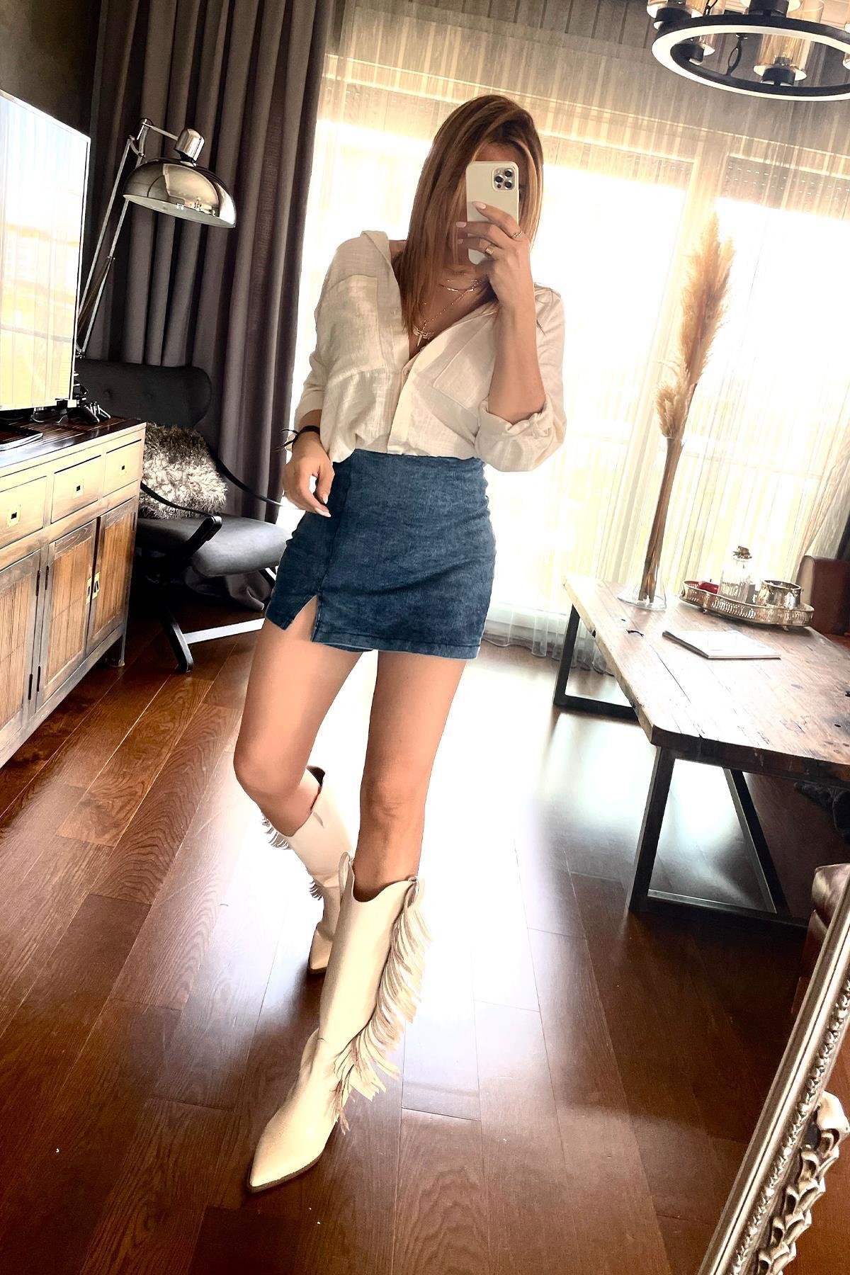 Denim Şort Etek Mavi