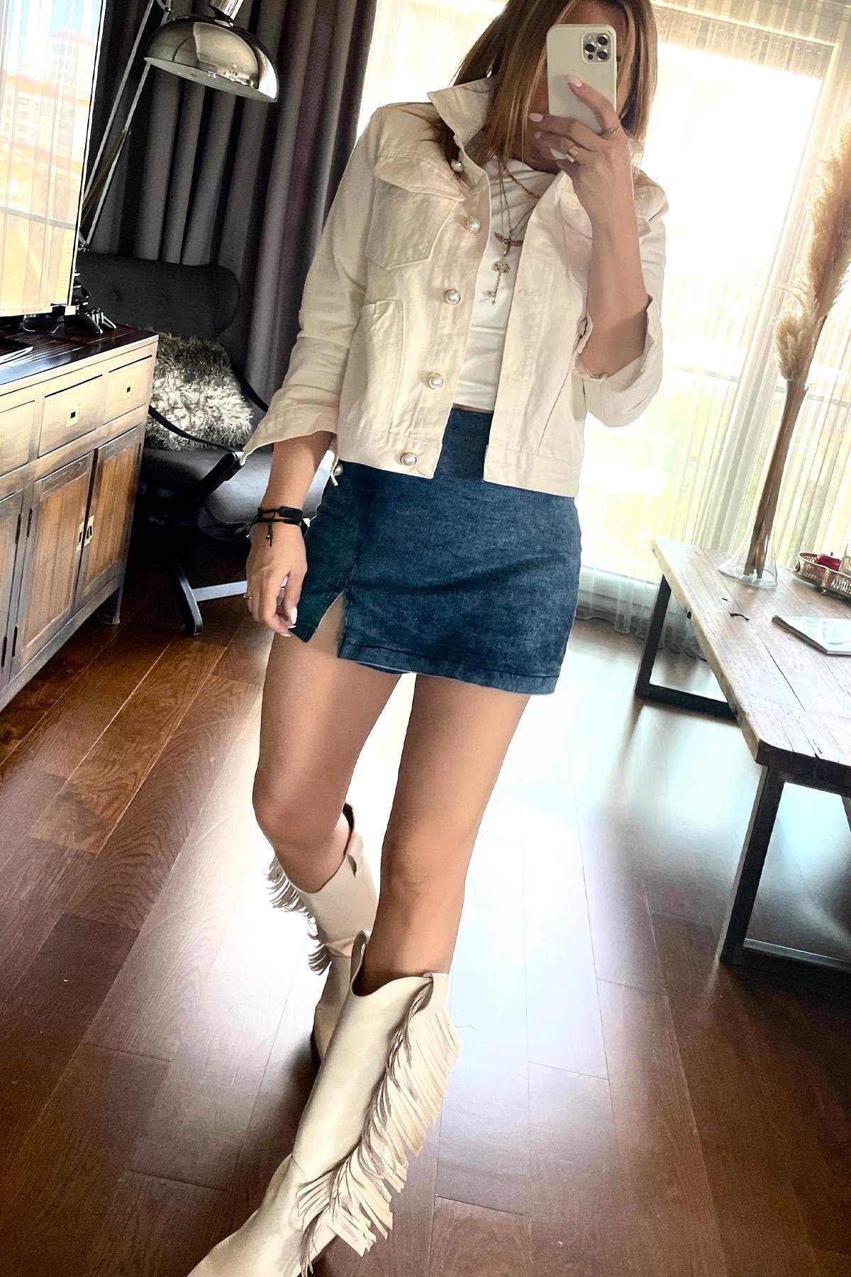 Denim Şort Etek Mavi