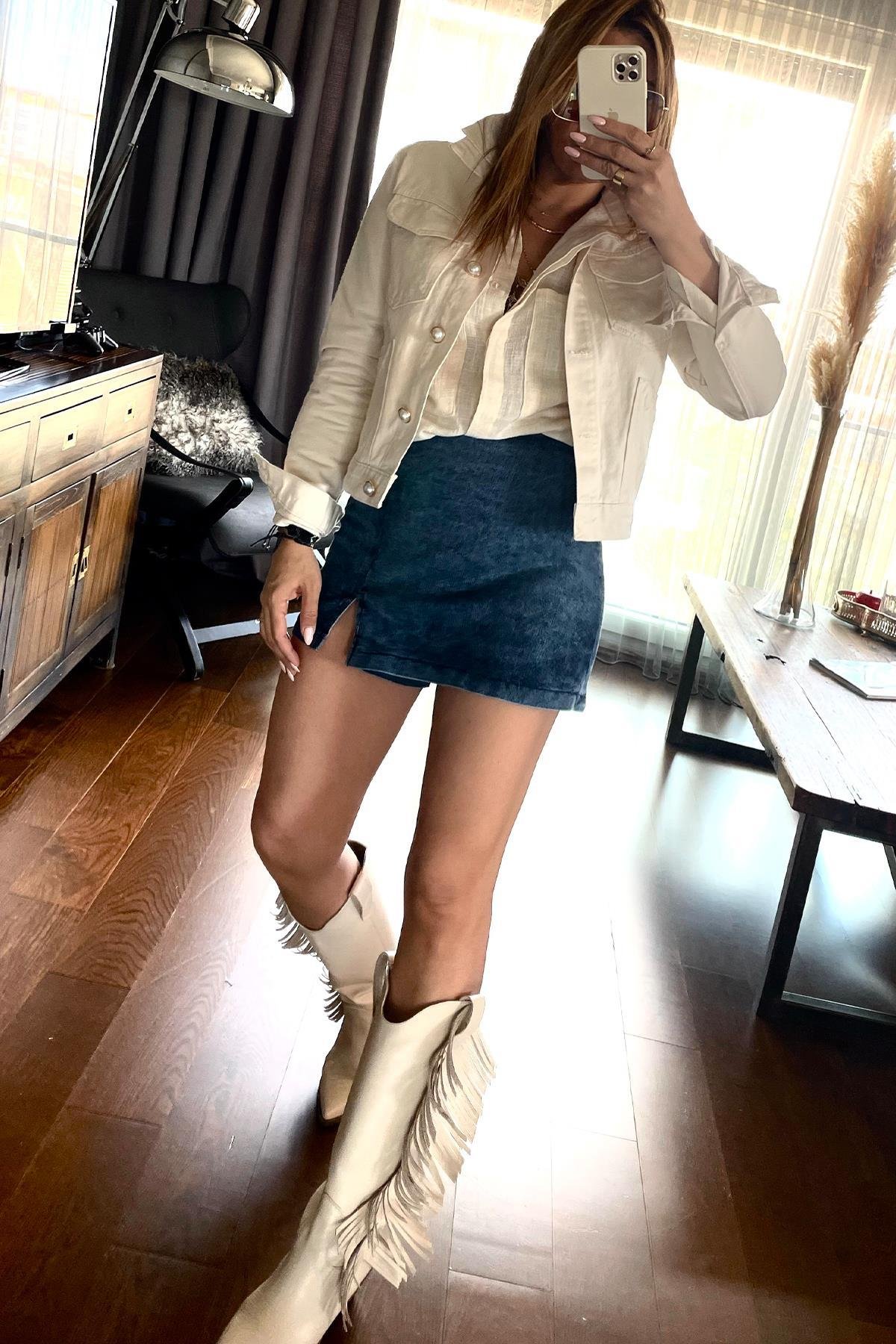 Denim Şort Etek Mavi
