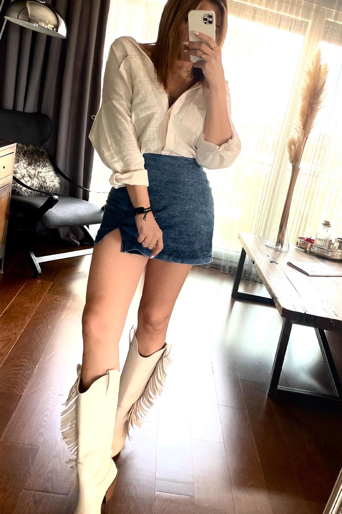 Denim Şort Etek Mavi