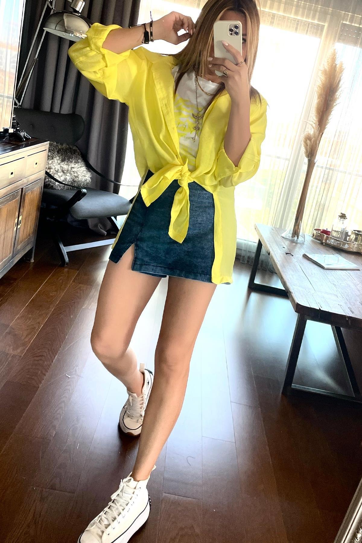 Denim Şort Etek Mavi