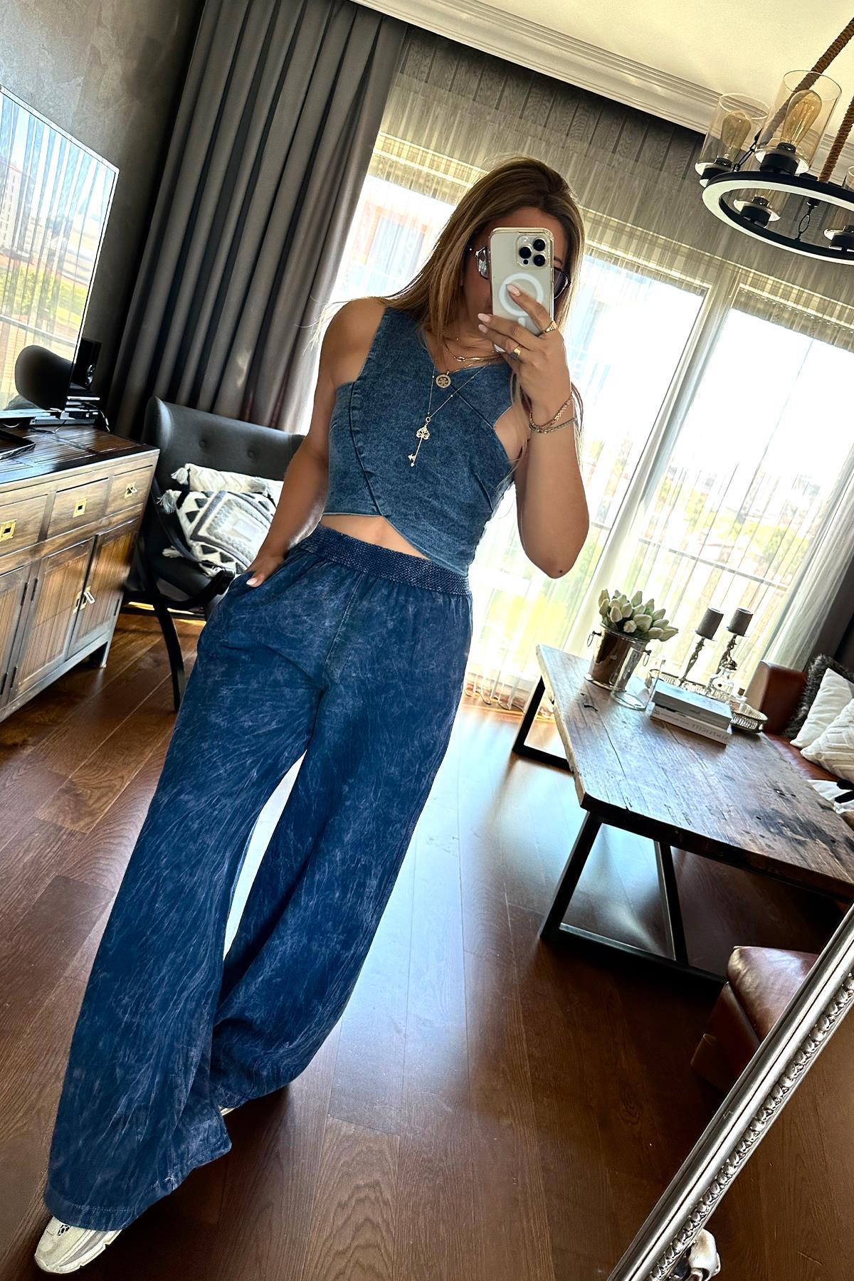 Denim Yıkamalı Büstiyer Mavi