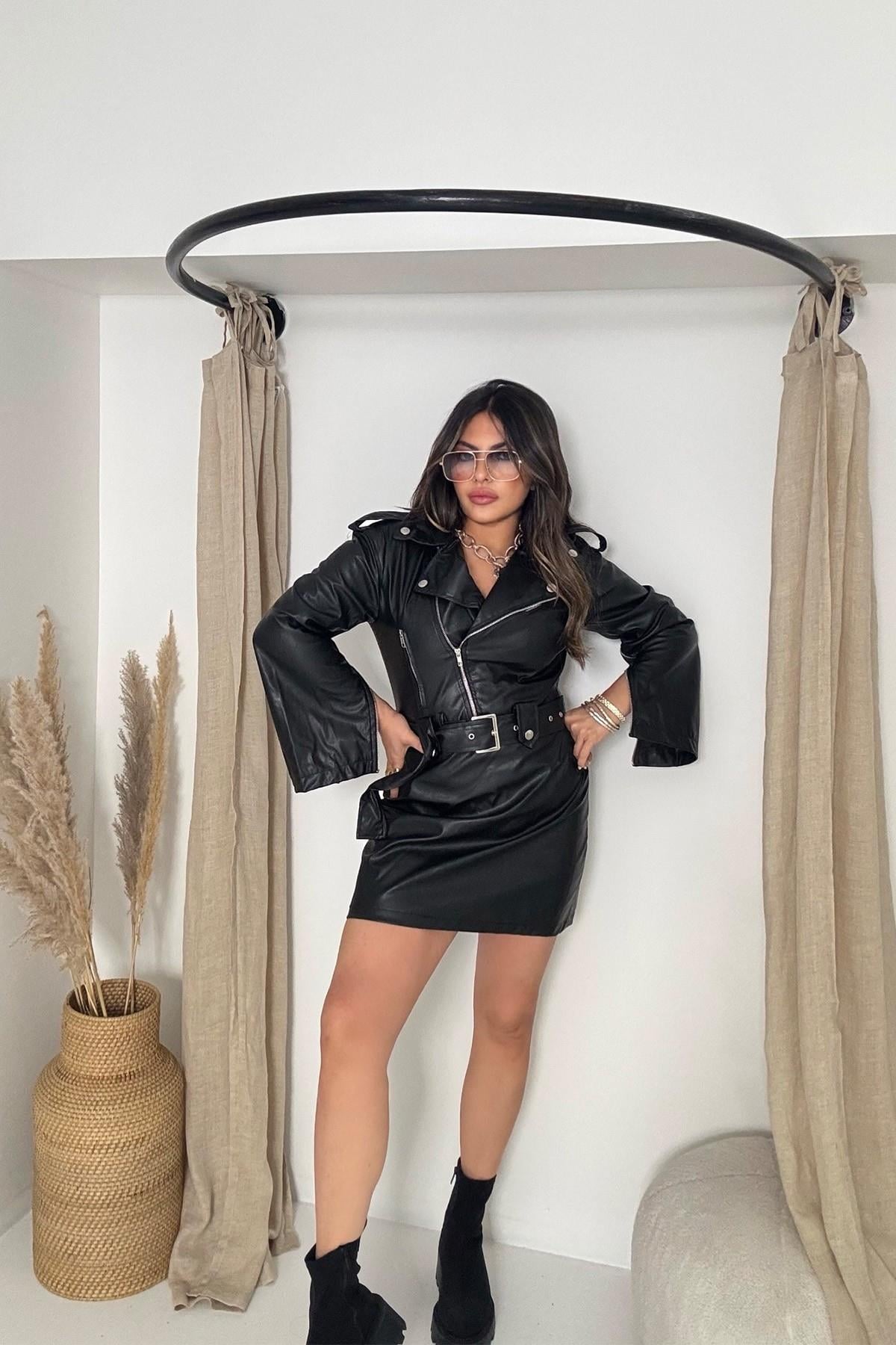 Deri Biker Model Ceket Elbise Siyah