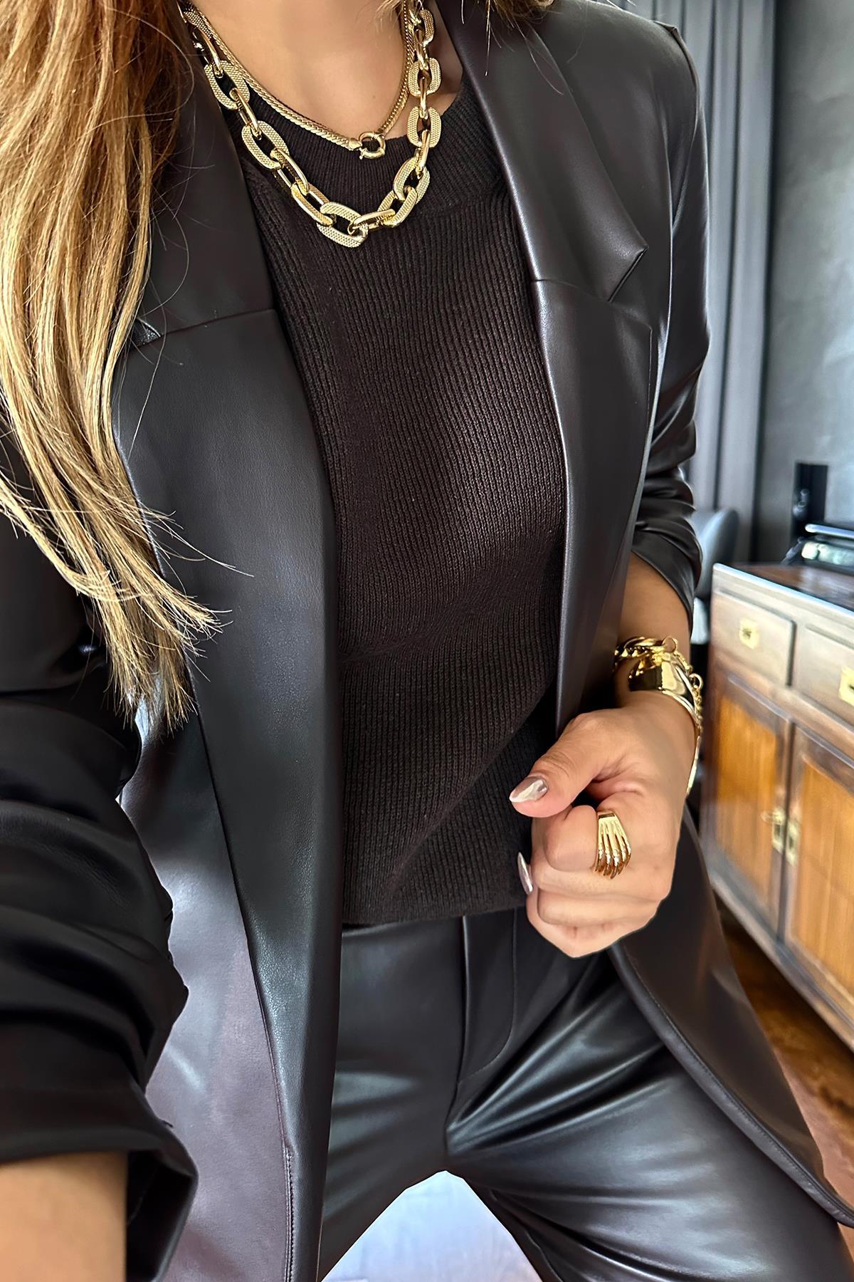 Deri Blazer Ceketli Takım Acı Kahve