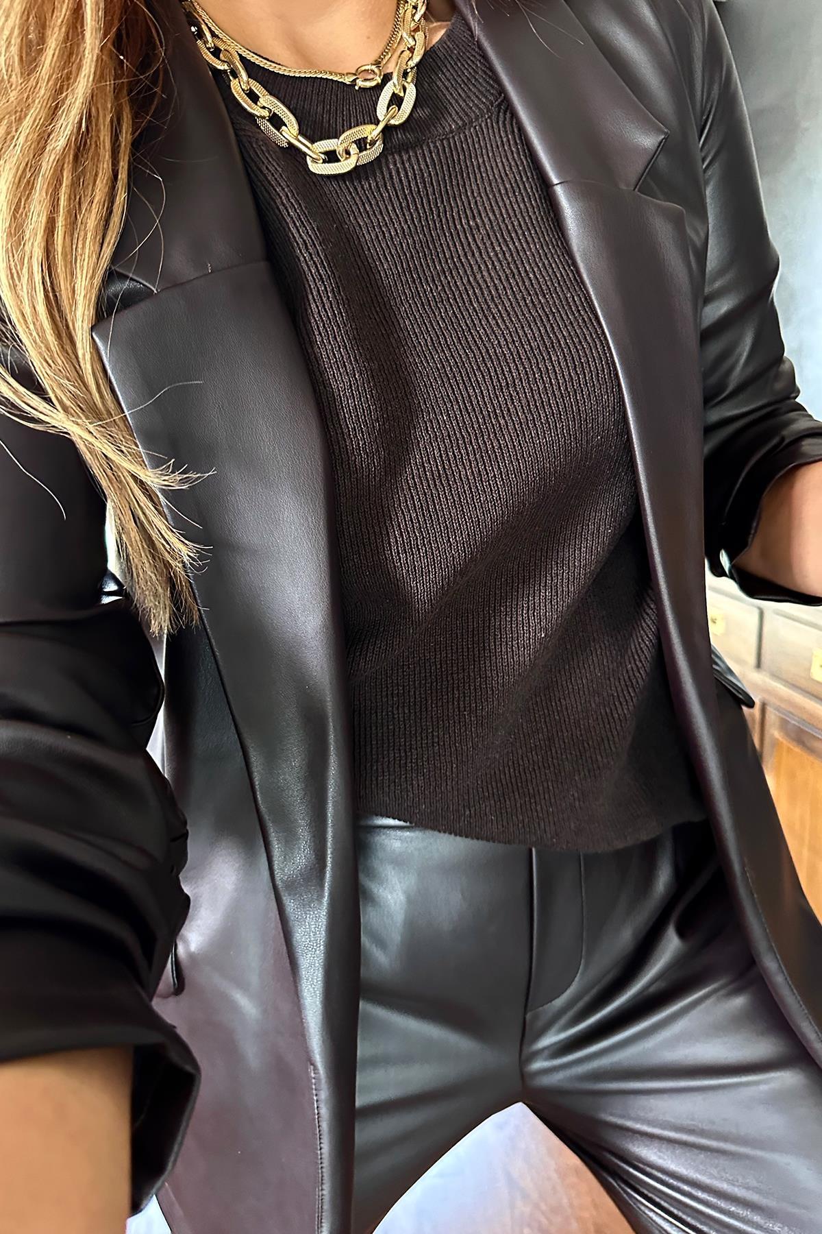 Deri Blazer Ceketli Takım Acı Kahve