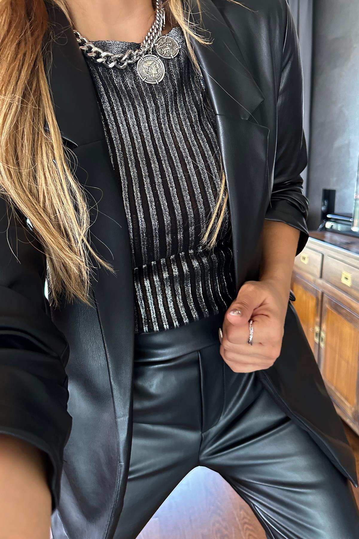 Deri Blazer Ceketli Takım Siyah