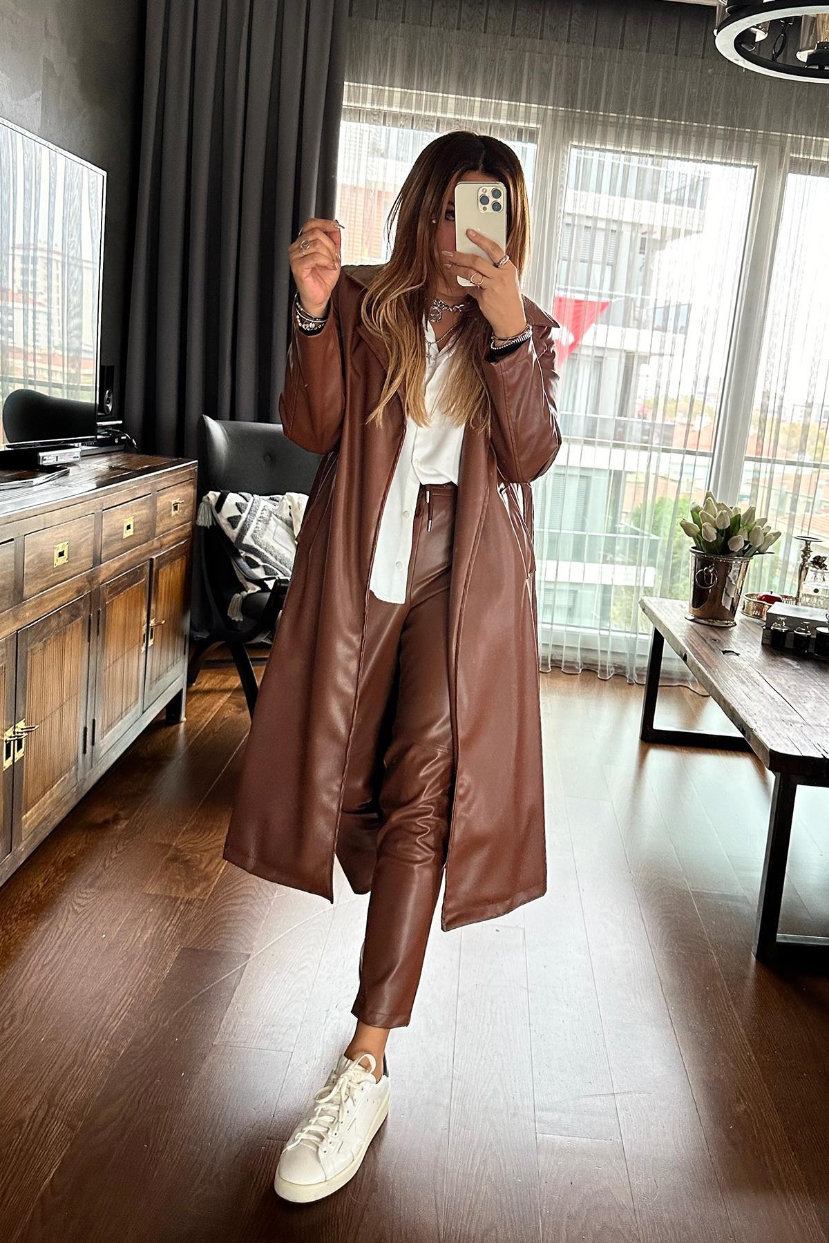 Deri Kuşaklı Trenchcoat Taba