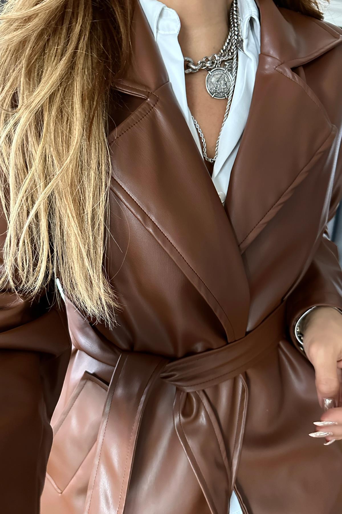 Deri Kuşaklı Trenchcoat Taba