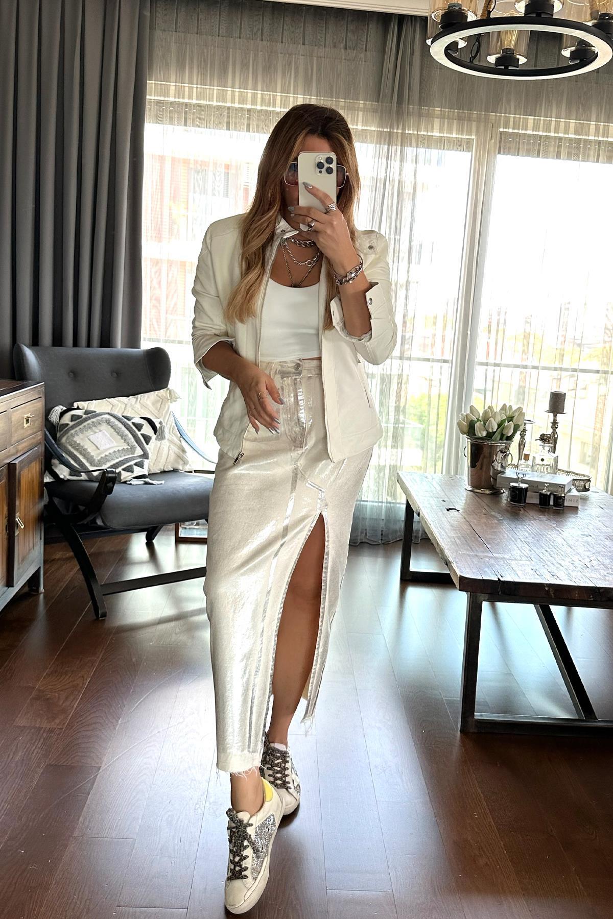 Deri Slim Fit Ceket Ekru