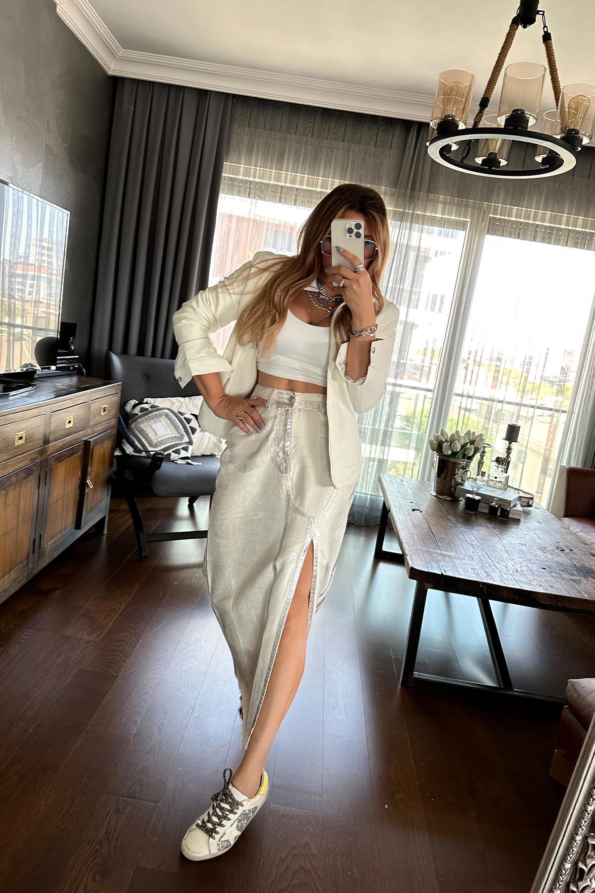 Deri Slim Fit Ceket Ekru