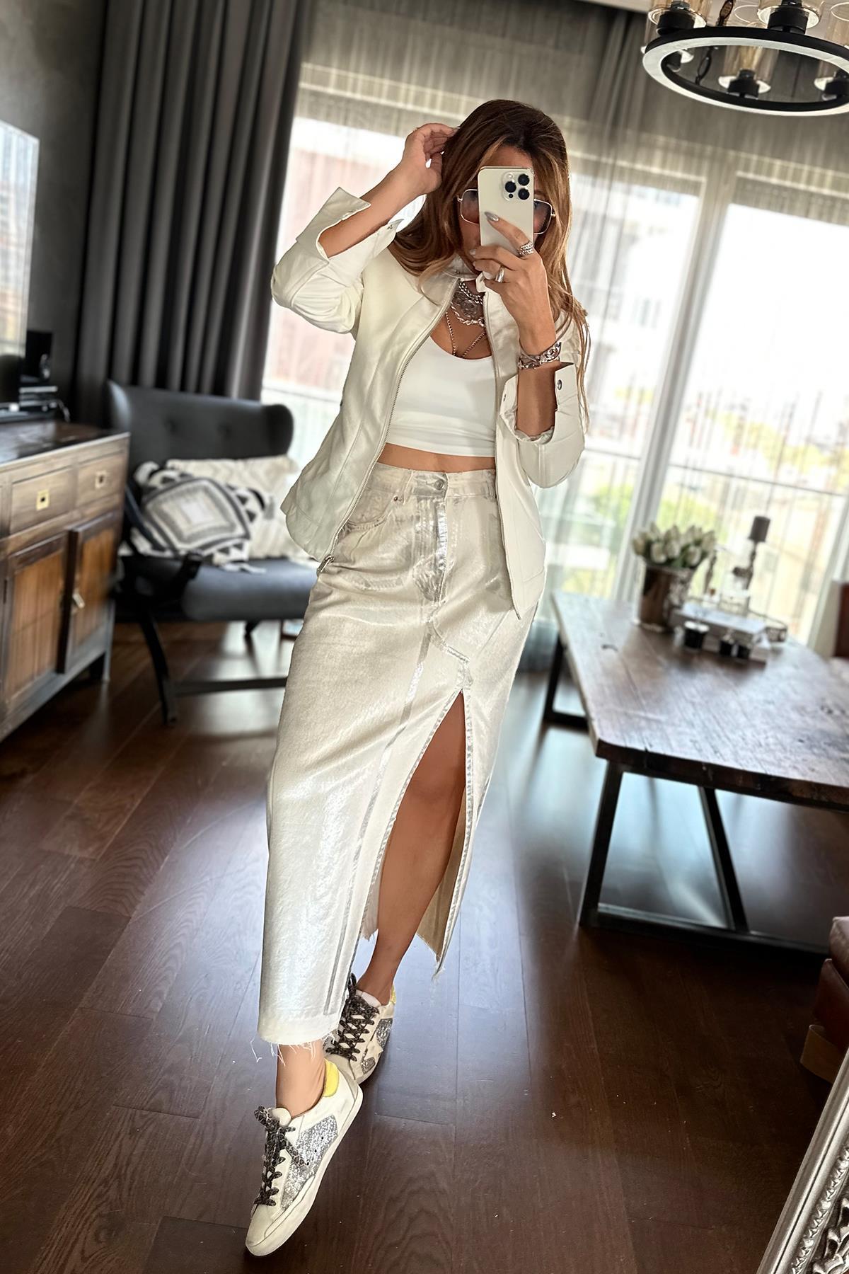 Deri Slim Fit Ceket Ekru