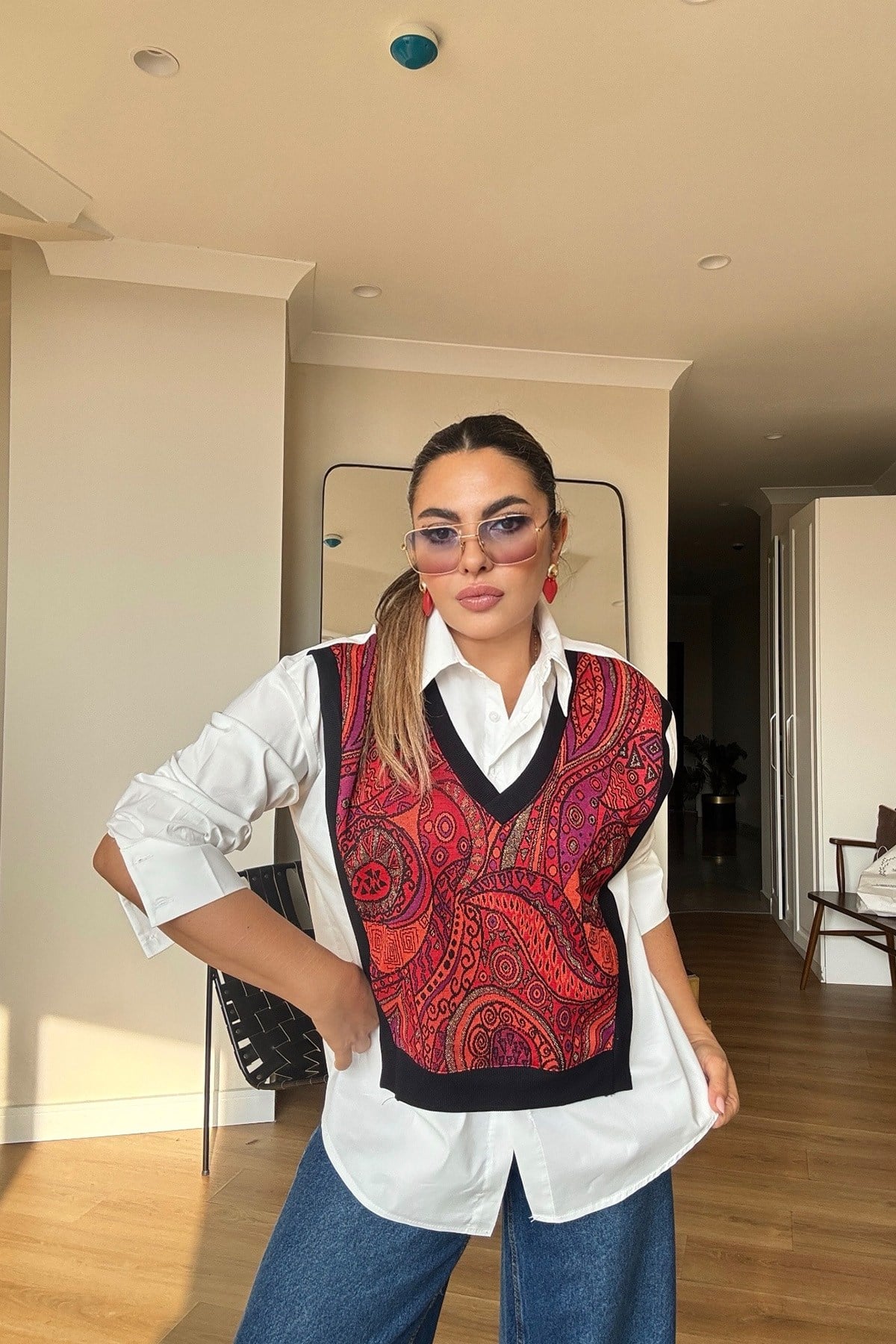 Desenli Simli Örme Kumaş Garnili Gömlek kırmızı ekru