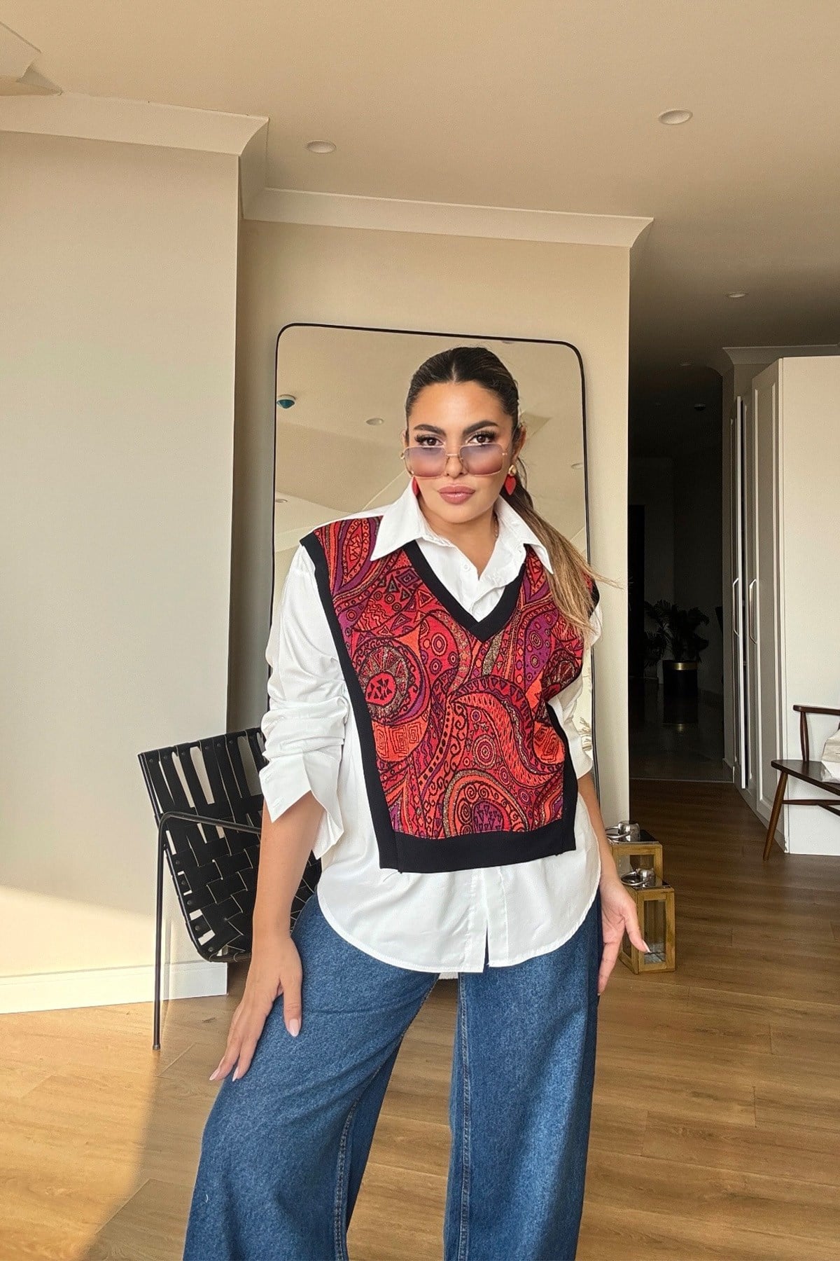 Desenli Simli Örme Kumaş Garnili Gömlek kırmızı ekru
