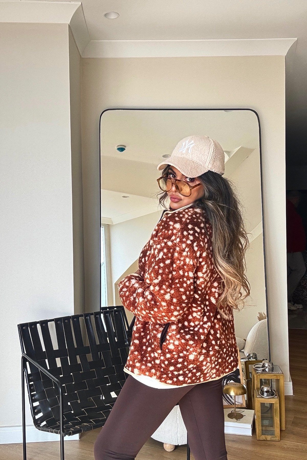 Dik Yaka Fermuarlı Bambi Teddy Ceket ekru taba