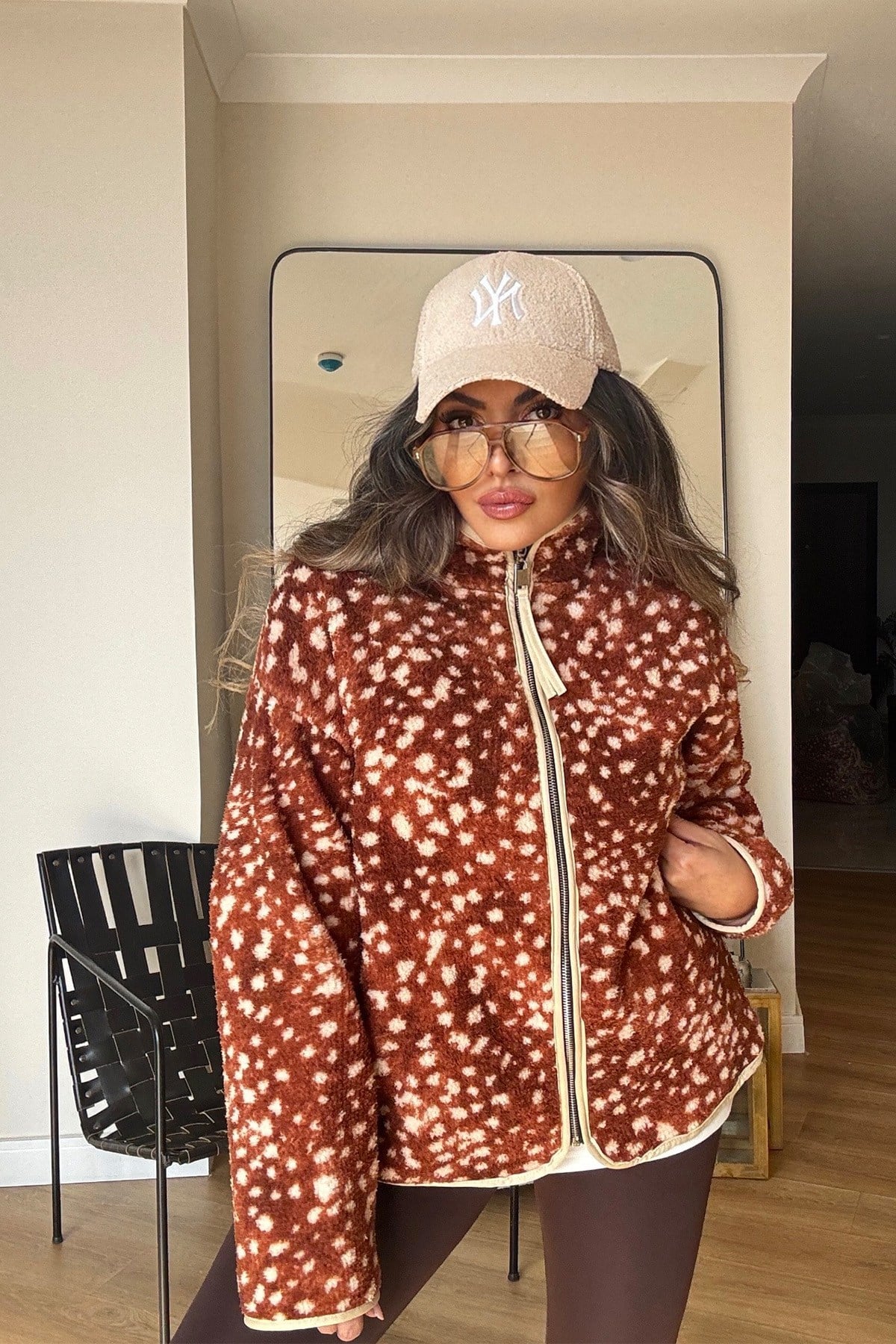 Dik Yaka Fermuarlı Bambi Teddy Ceket ekru taba
