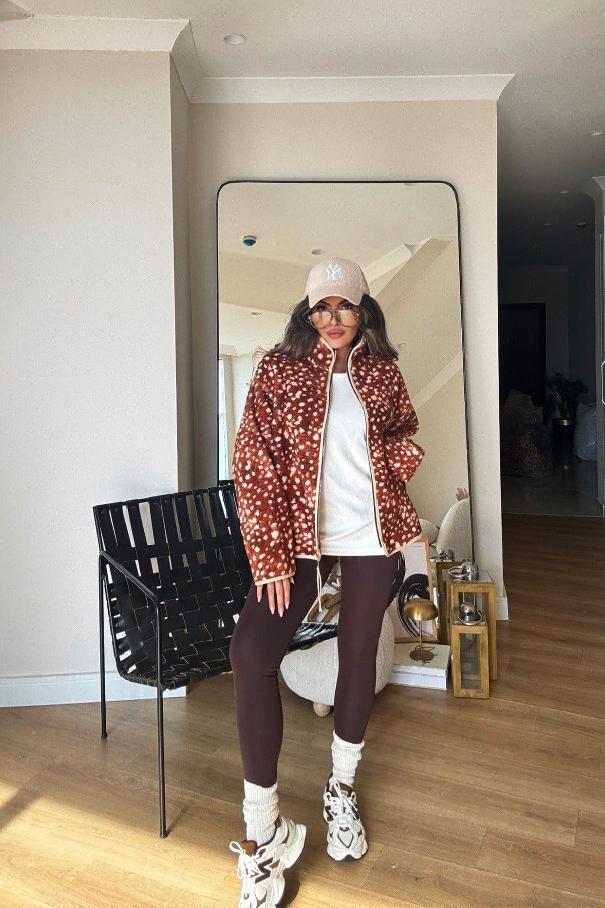 Dik Yaka Fermuarlı Bambi Teddy Ceket ekru taba