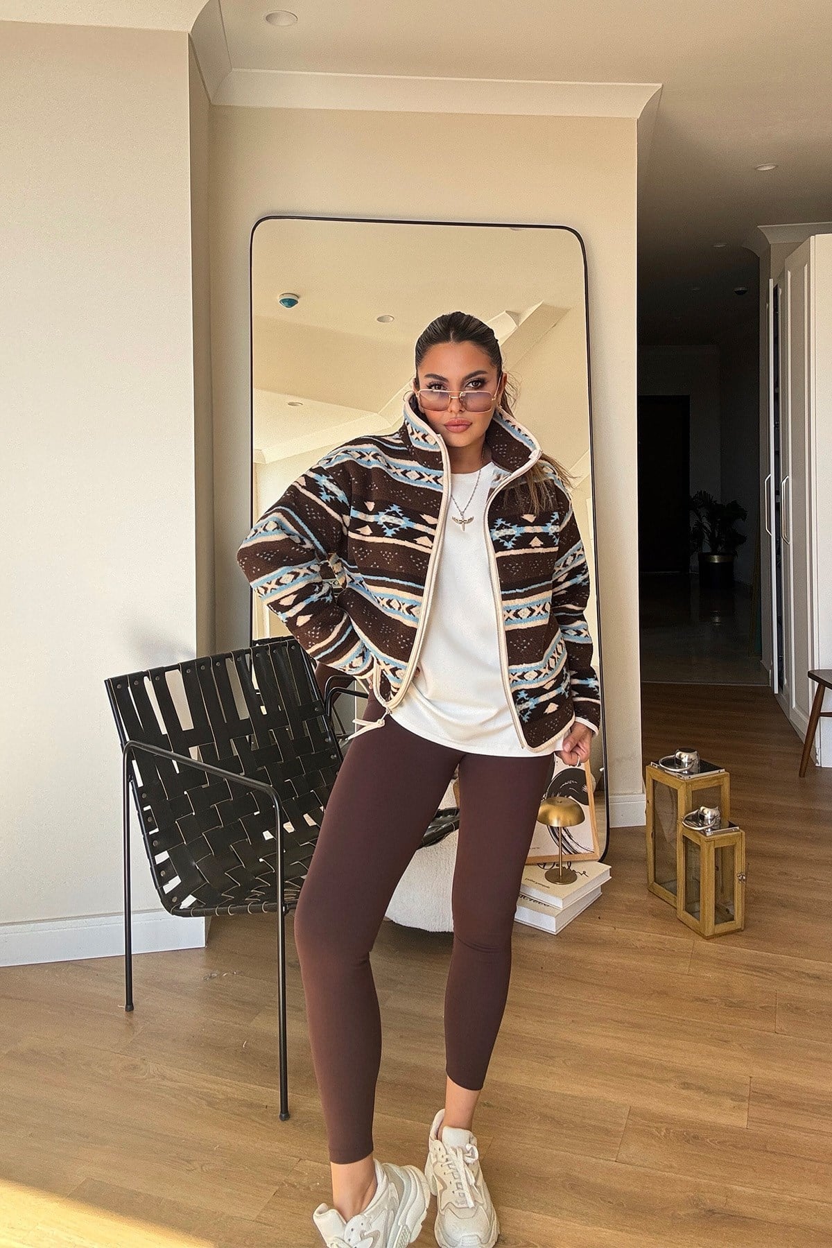 Dik Yaka Fermuarlı Teddy Ceket kahve mavi