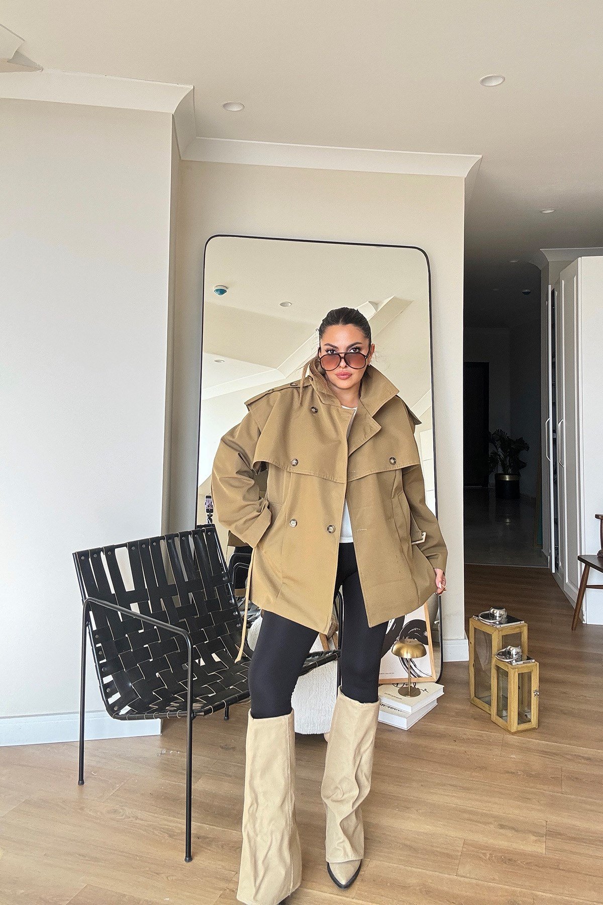 Dik Yaka Kemerli Trenchcoat Haki