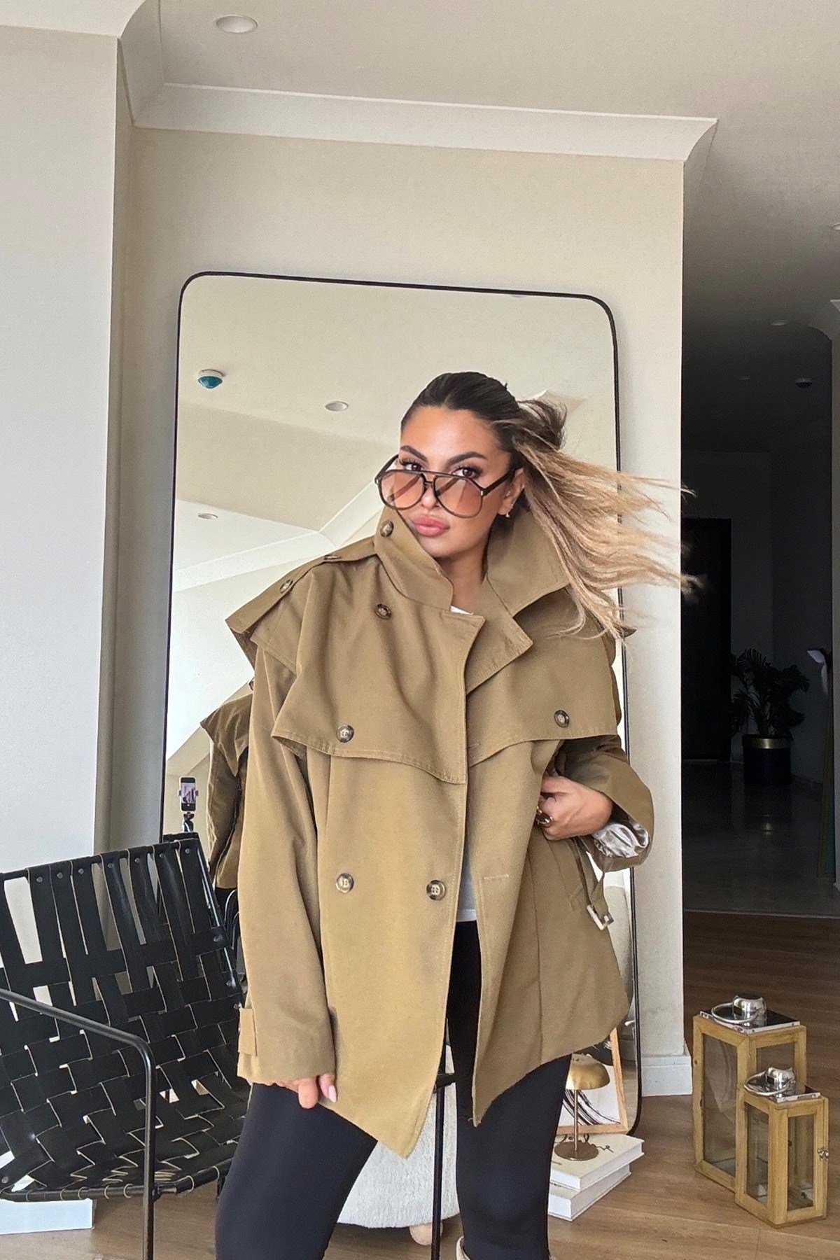 Dik Yaka Kemerli Trenchcoat Haki
