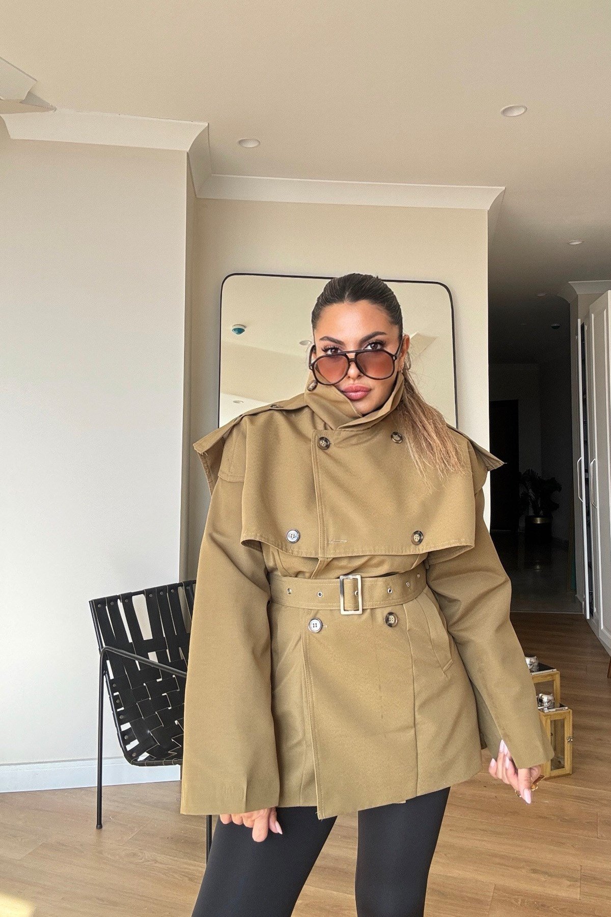 Dik Yaka Kemerli Trenchcoat Haki