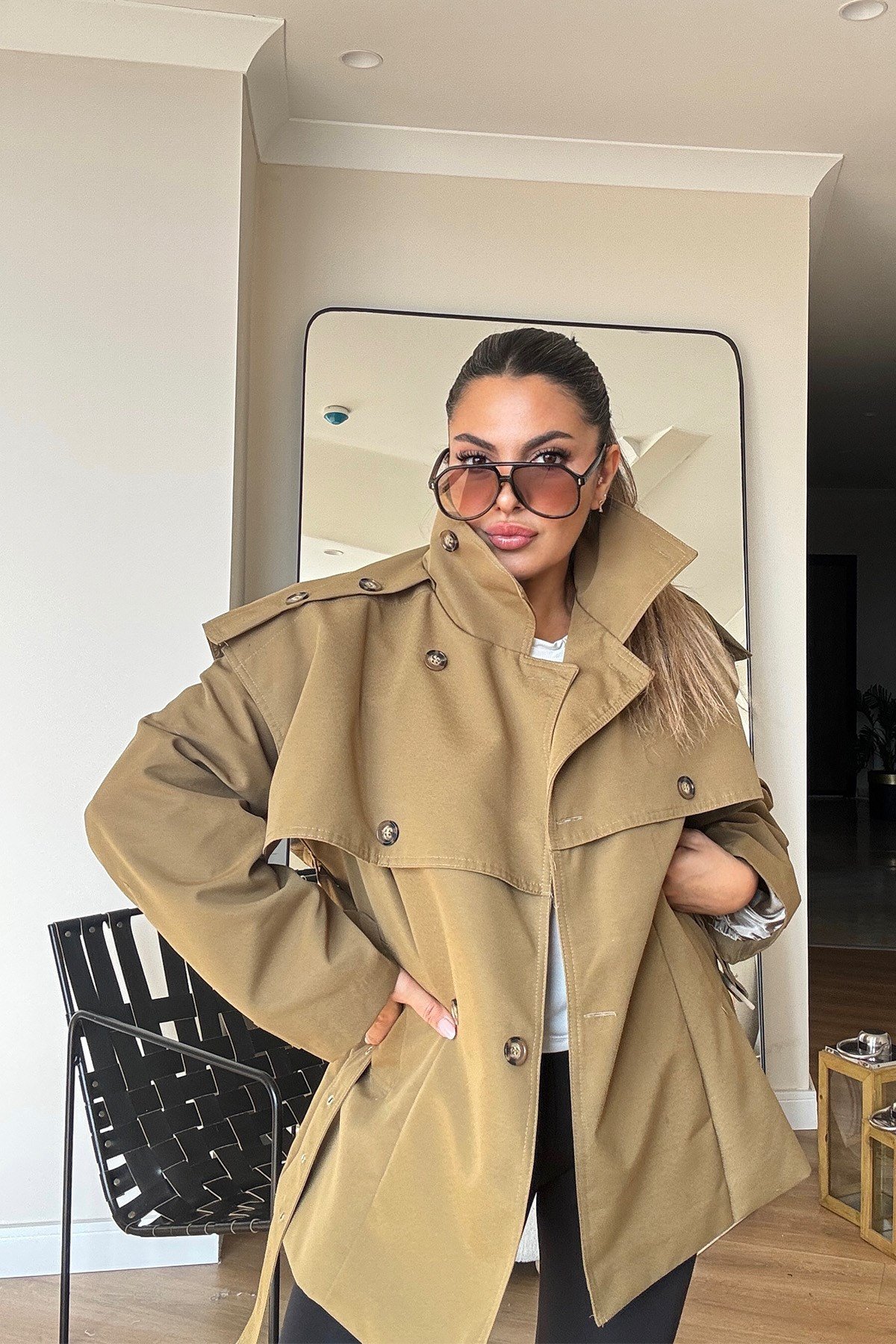 Dik Yaka Kemerli Trenchcoat Haki