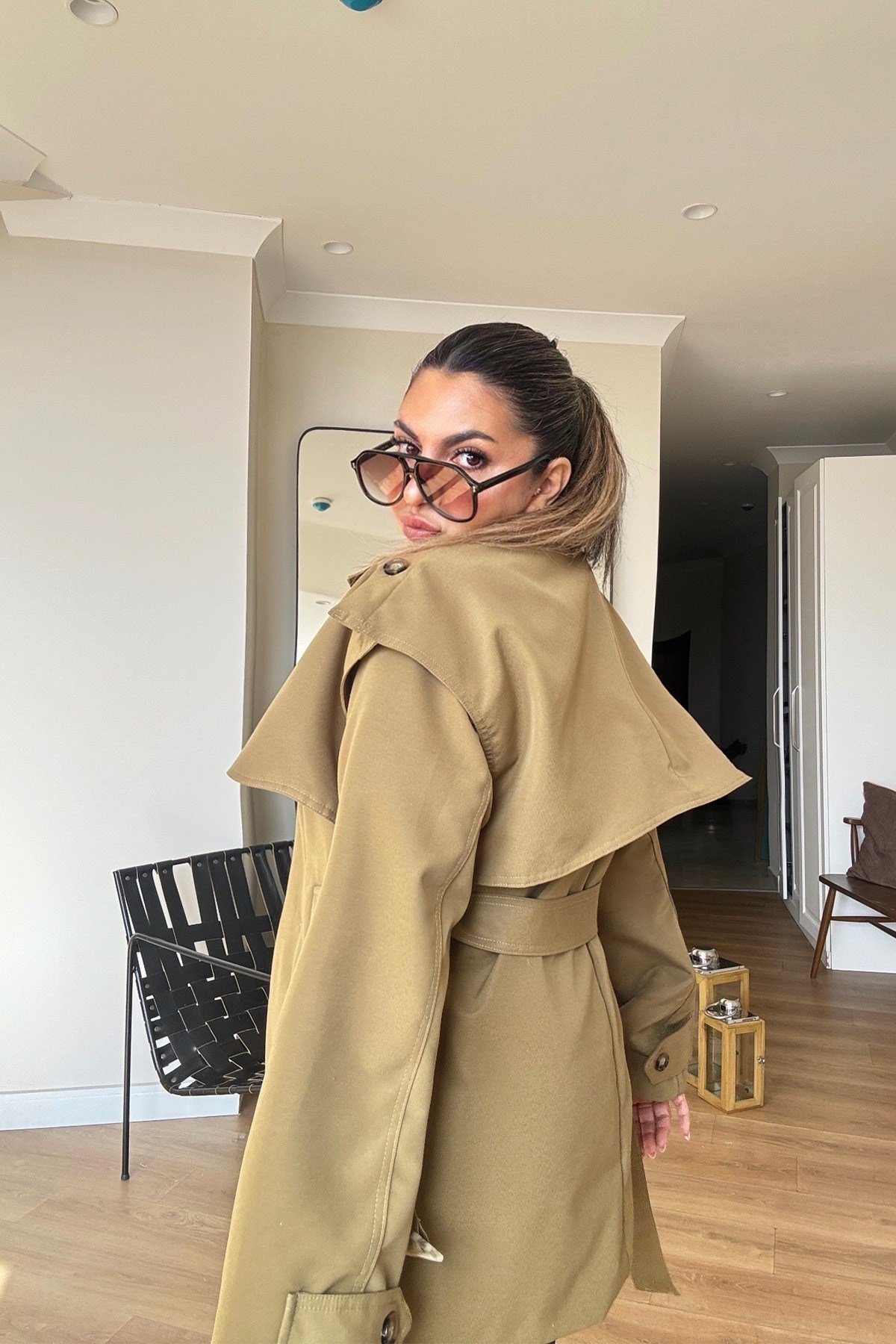 Dik Yaka Kemerli Trenchcoat Haki