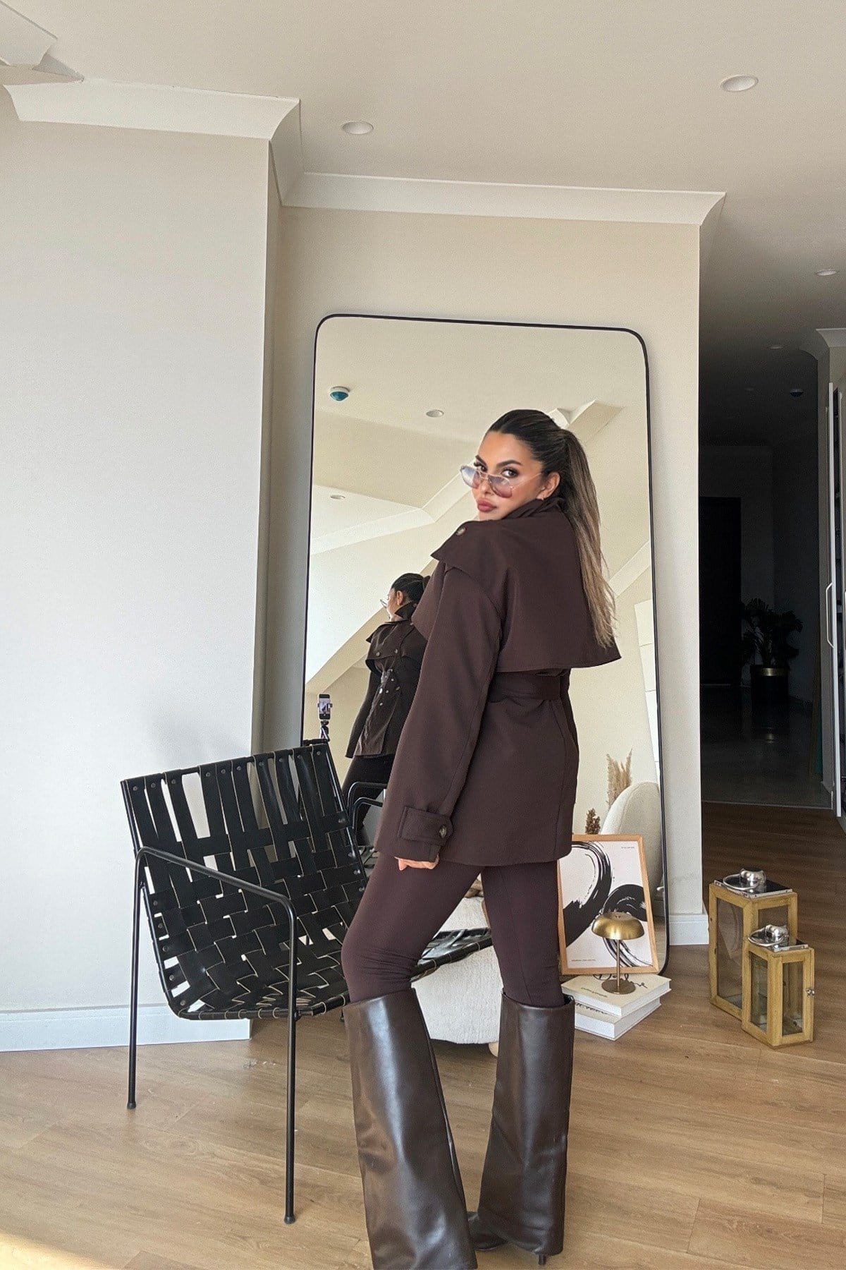 Dik Yaka Kemerli Trenchcoat Kahve