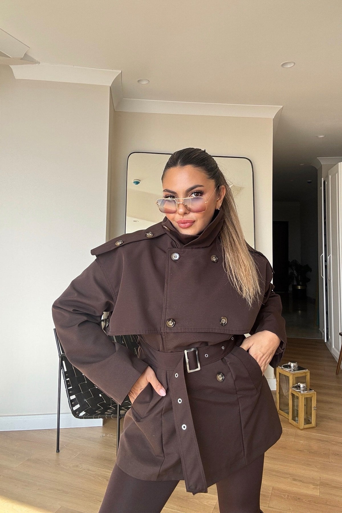 Dik Yaka Kemerli Trenchcoat Kahve