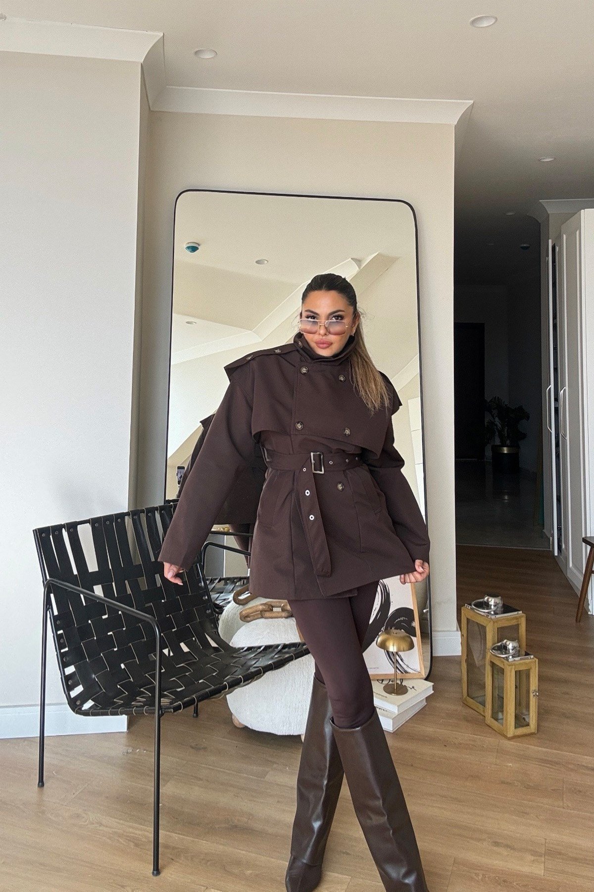 Dik Yaka Kemerli Trenchcoat Kahve