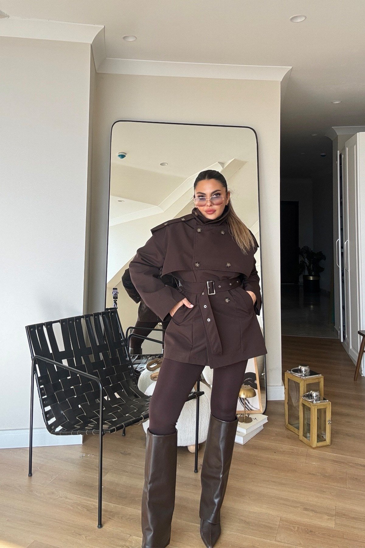 Dik Yaka Kemerli Trenchcoat Kahve