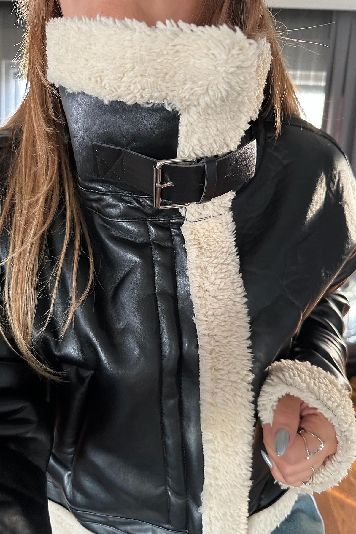Dik Yaka Kürklü Biker Ceket Siyah
