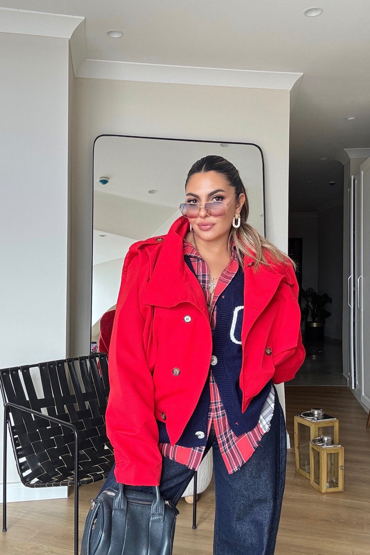 Dik Yaka Omuz Detaylı Trenchcoat Kırmızı