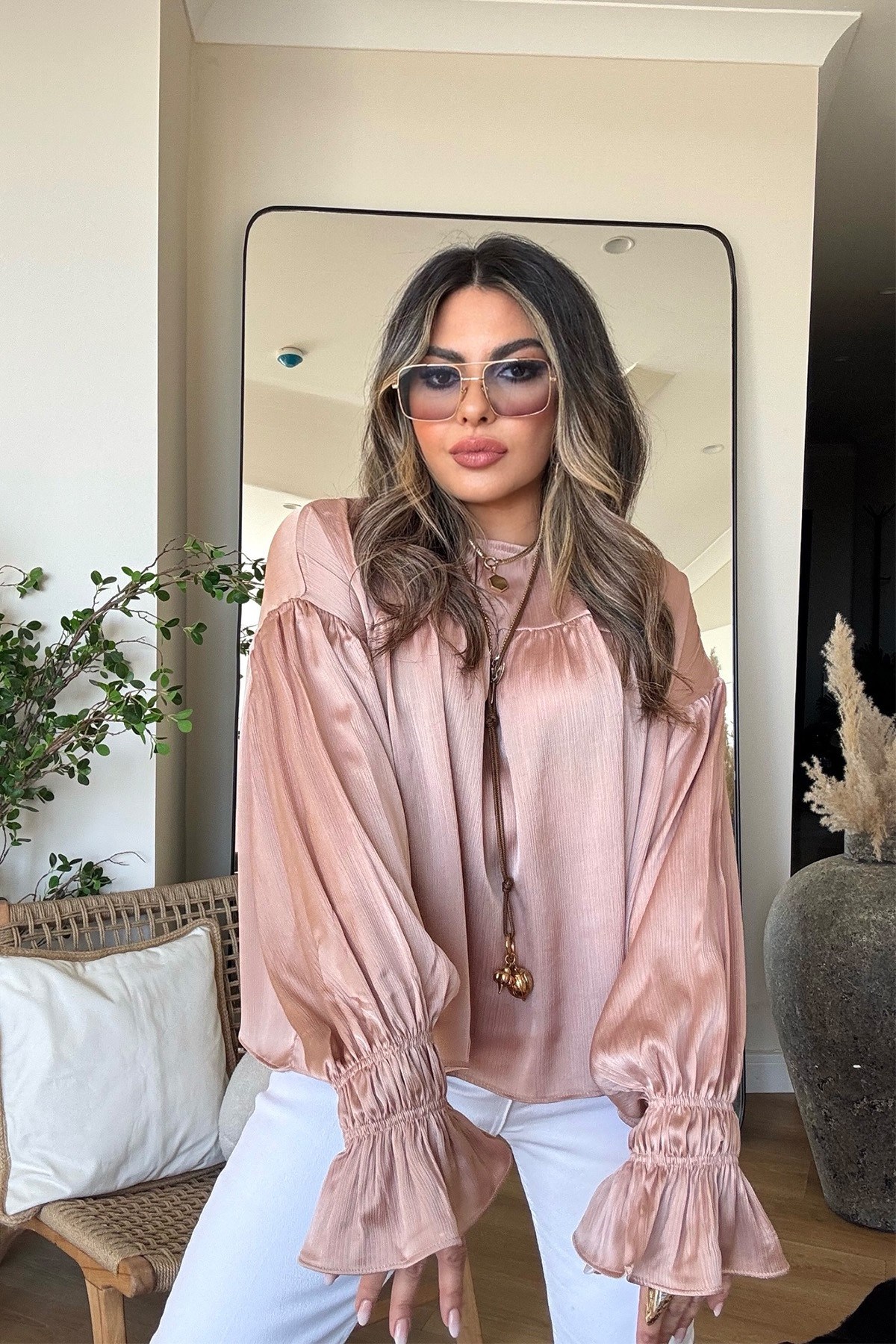 Dokulu Saten Dökümlü Bluz Gül Kurusu